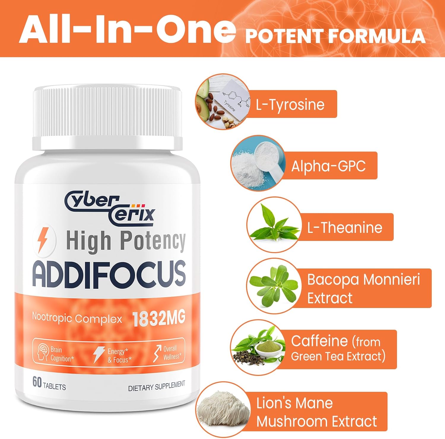 CyberCerix 17-in-1 Nootropic Brain Supplement for Memory, Focus, and Energy - Natural Caffeine Blend with Vitamins, Amino Acids, and Herbal Extracts - 60 Tablets