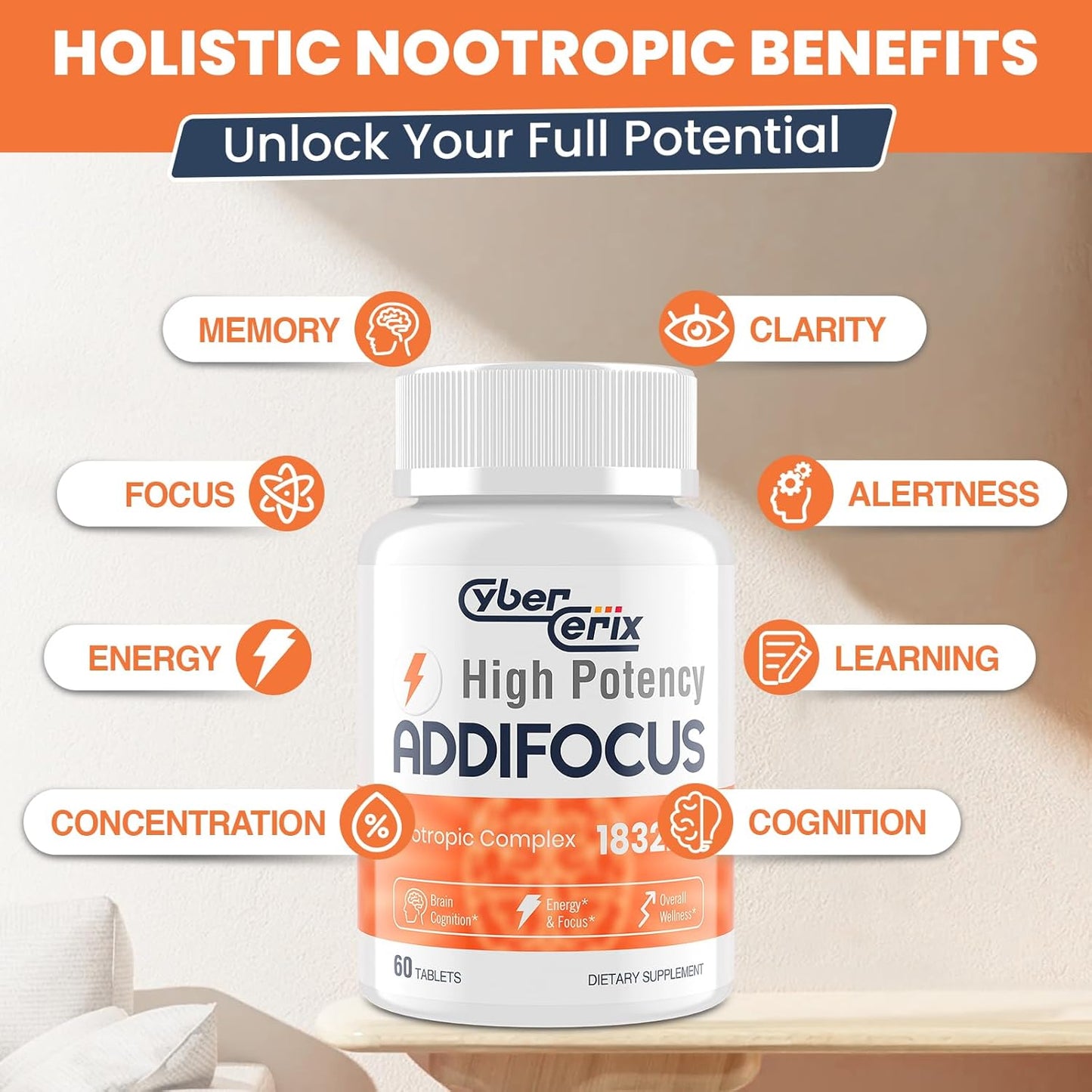 CyberCerix 17-in-1 Nootropic Brain Supplement for Memory, Focus, and Energy - Natural Caffeine Blend with Vitamins, Amino Acids, and Herbal Extracts - 60 Tablets