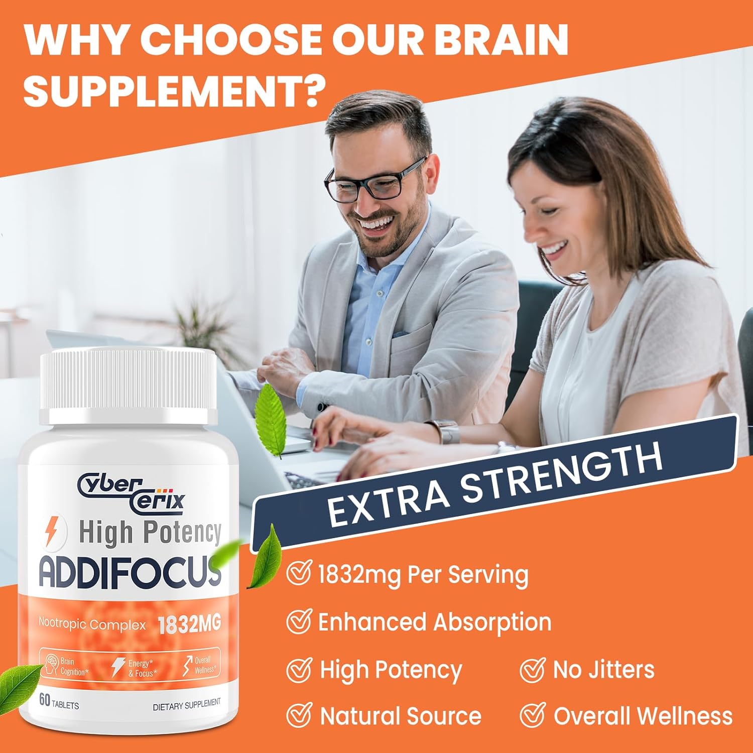 CyberCerix 17-in-1 Nootropic Brain Supplement for Memory, Focus, and Energy - Natural Caffeine Blend with Vitamins, Amino Acids, and Herbal Extracts - 60 Tablets