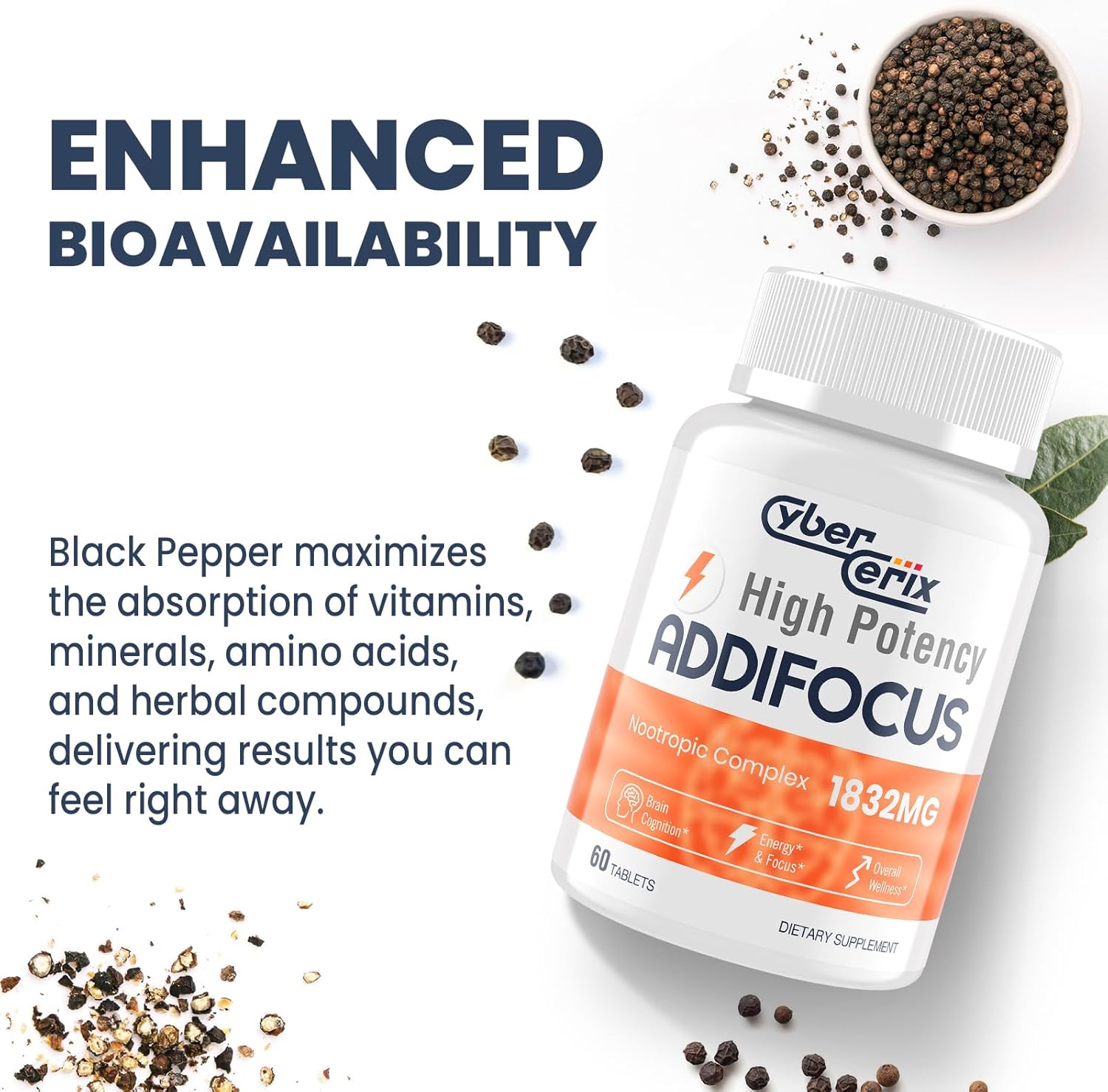 CyberCerix 17-in-1 Nootropic Brain Supplement for Memory, Focus, and Energy - Natural Caffeine Blend with Vitamins, Amino Acids, and Herbal Extracts - 60 Tablets