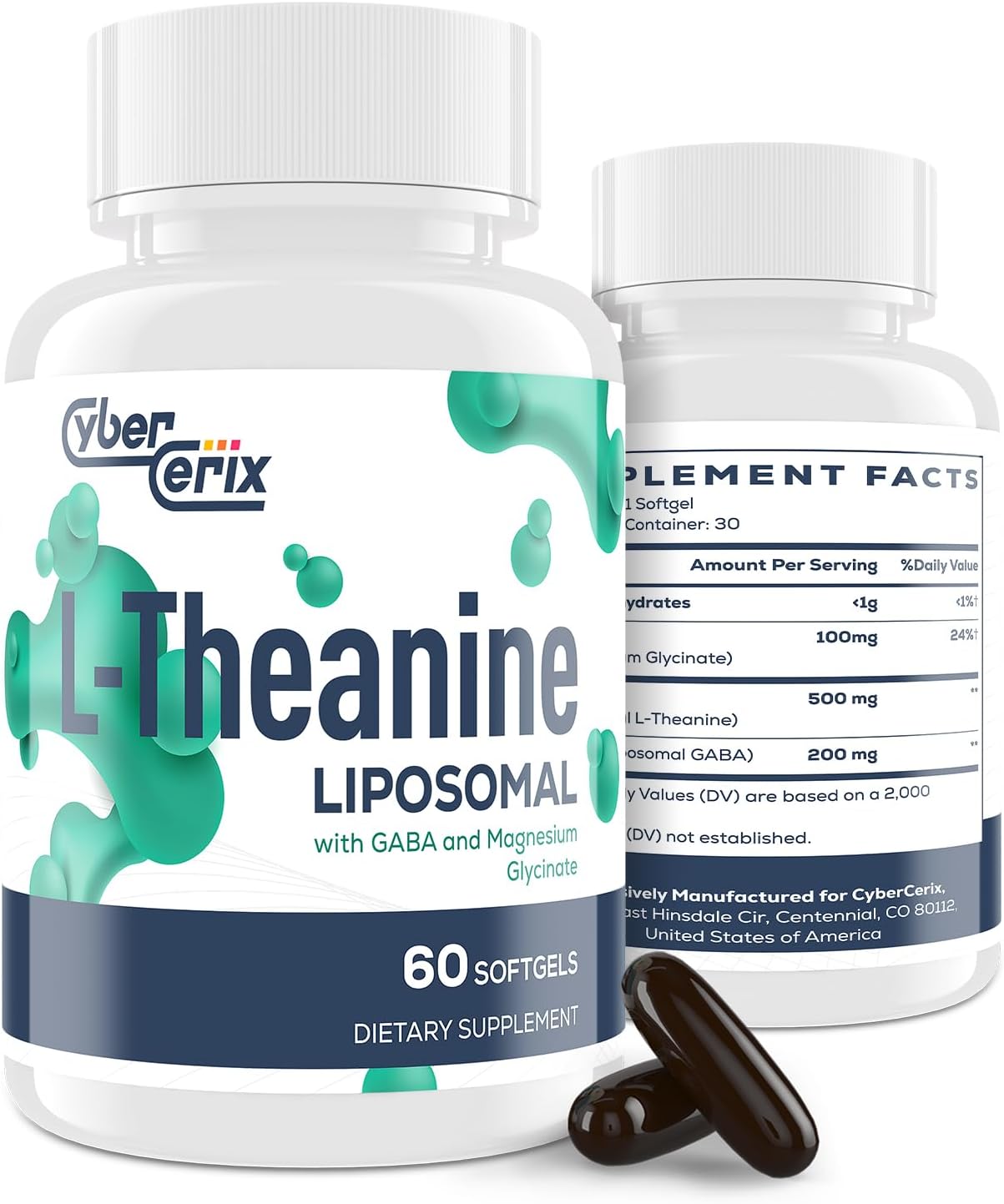 CyberCerix Liposomal L-Theanine 500mg Supplement with GABA & Magnesium, 60 Capsules for Calm & Focus - Non-GMO