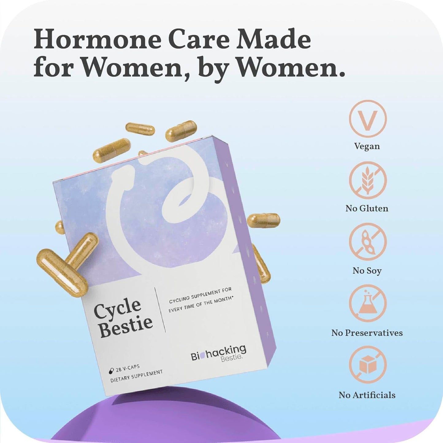 Cycle Bestie - Vegan Hormone Balance Supplements for Women, Supports Regularity & Phase-Specific Needs - 28 Capsules
