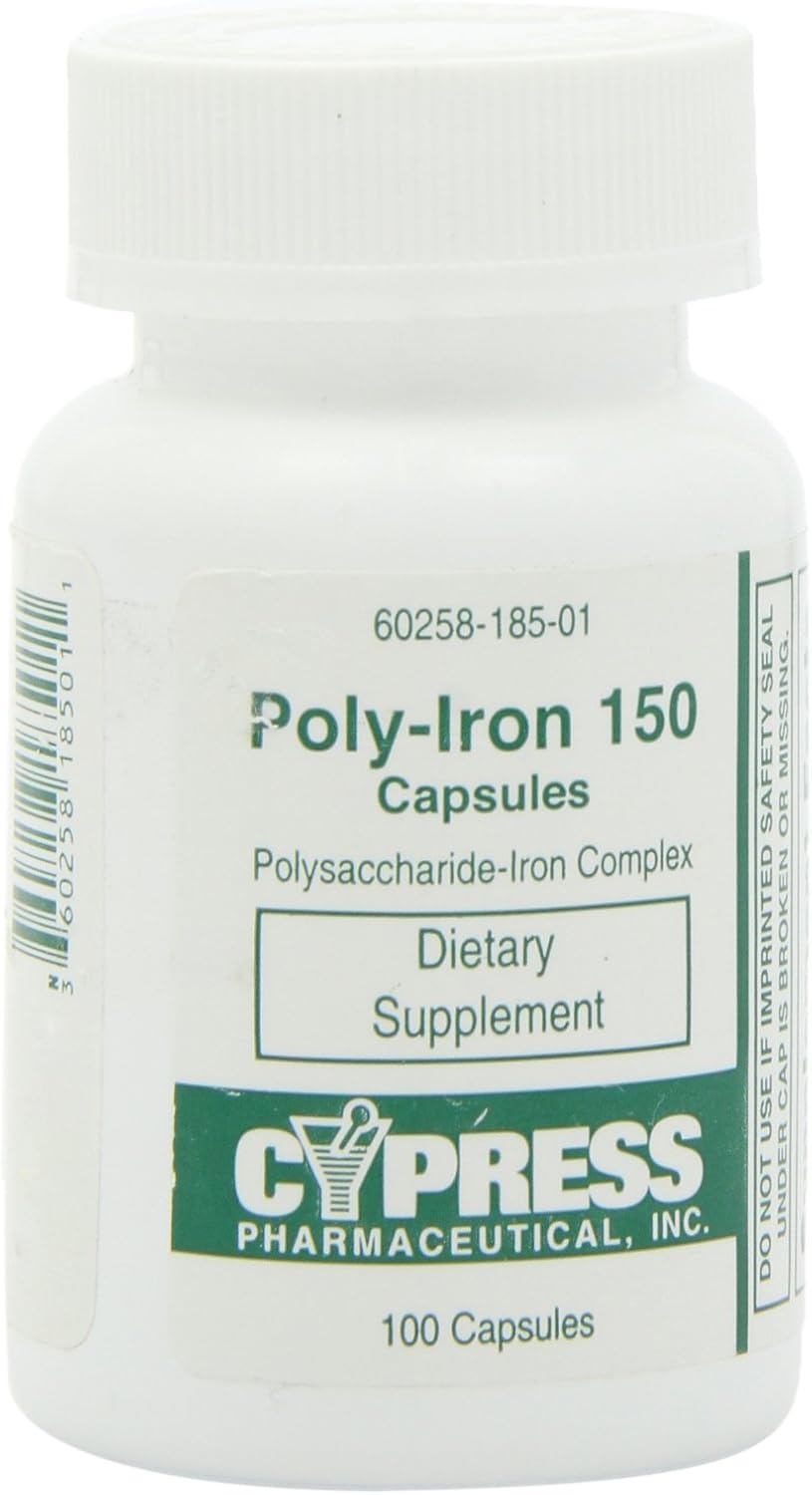 Cypress Pharmaceutical Poly Iron Capsules 150 mg - Dietary Supplement (100 caps) - #185-01