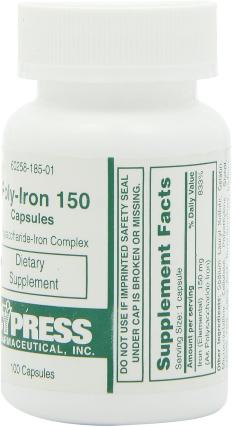 Cypress Pharmaceutical Poly Iron Capsules 150 mg - Dietary Supplement (100 caps) - #185-01