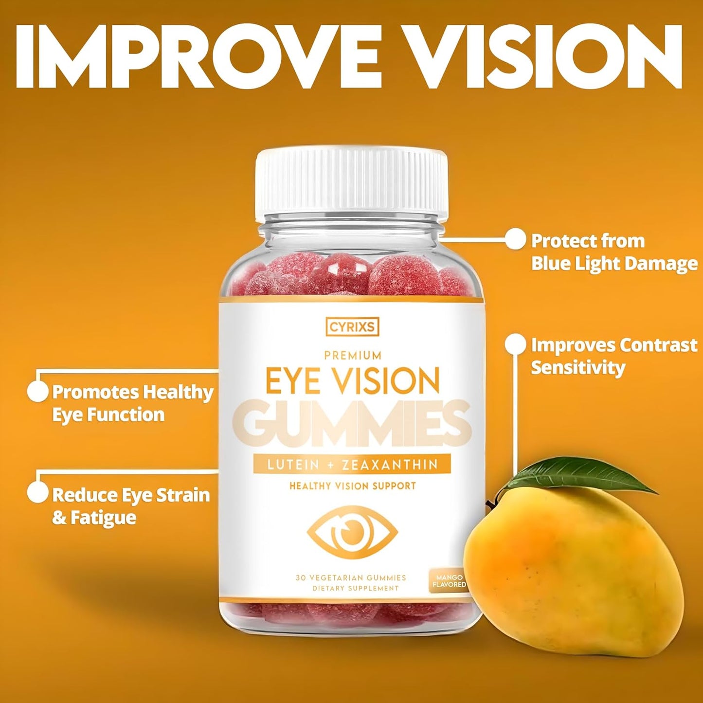 Cyrixs Health Eye Vision Gummies - Mango Flavored Eye Vitamins with Lutein & Zeaxanthin for Adults - Blue Light Defense and Comfort for Clear Vision