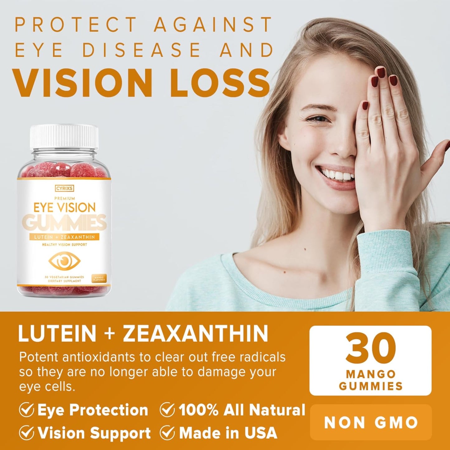 Cyrixs Health Eye Vision Gummies - Mango Flavored Eye Vitamins with Lutein & Zeaxanthin for Adults - Blue Light Defense and Comfort for Clear Vision
