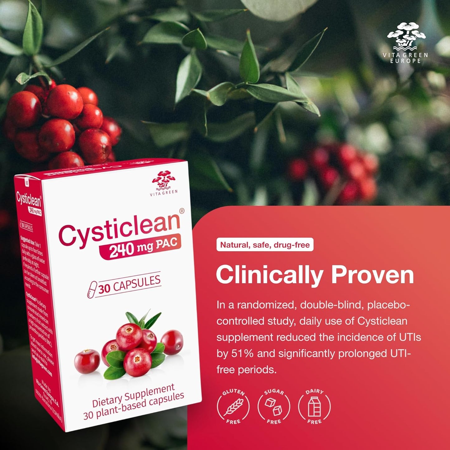 Cysticlean Cranberry PAC Supplement - 240mg PAC, Sugar-Free - UTI Support - Best Cranberry Pills for Cystitis & IC Relief
