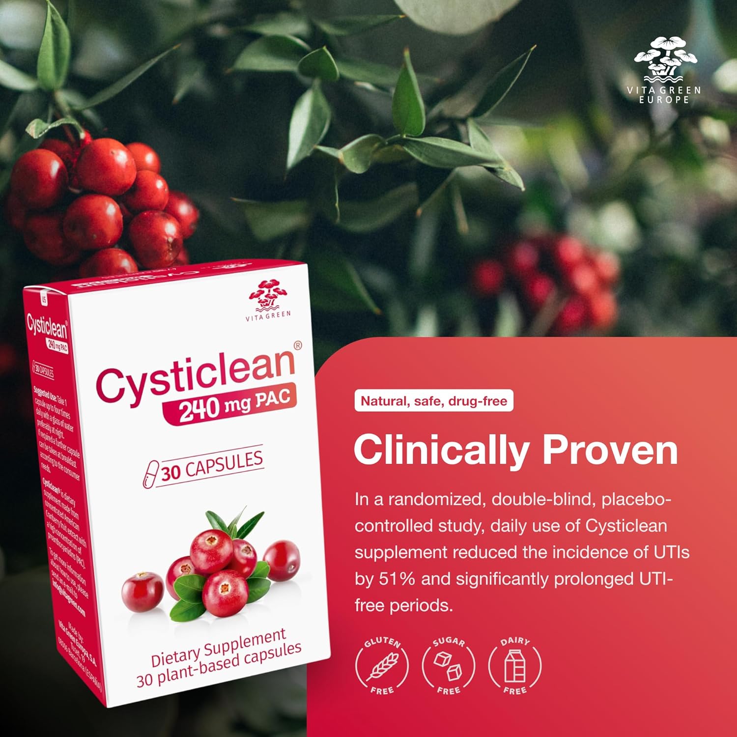 Cysticlean Cranberry PAC Supplement - 240mg PAC, Sugar-Free - UTI Support - Best Cranberry Pills for Cystitis & IC Relief
