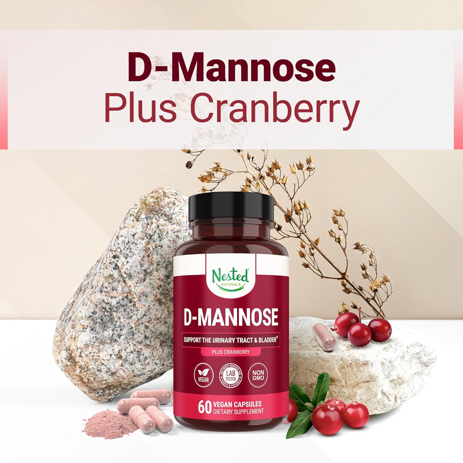 D-Mannose 500mg Capsules with Cranberry Extract for Urinary & Bladder Support - 60 Vegan Pills