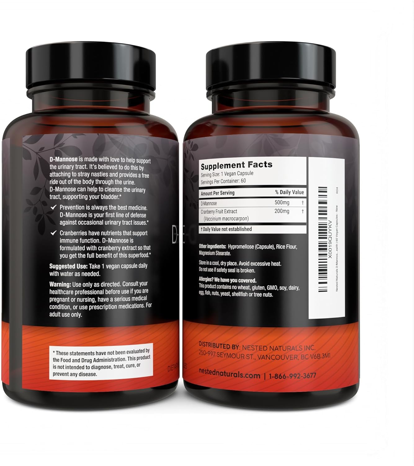 D-Mannose 500mg Capsules with Cranberry Extract for Urinary & Bladder Support - 60 Vegan Pills