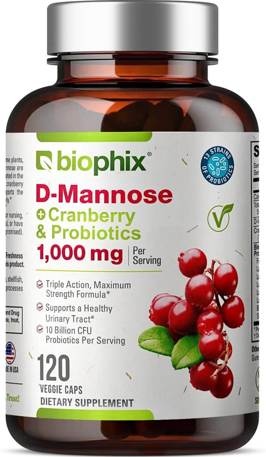 D-Mannose Capsules with Cranberry & Probiotics - 1000mg for Women's Urinary Health - 120 Vcaps for Digestive Wellness