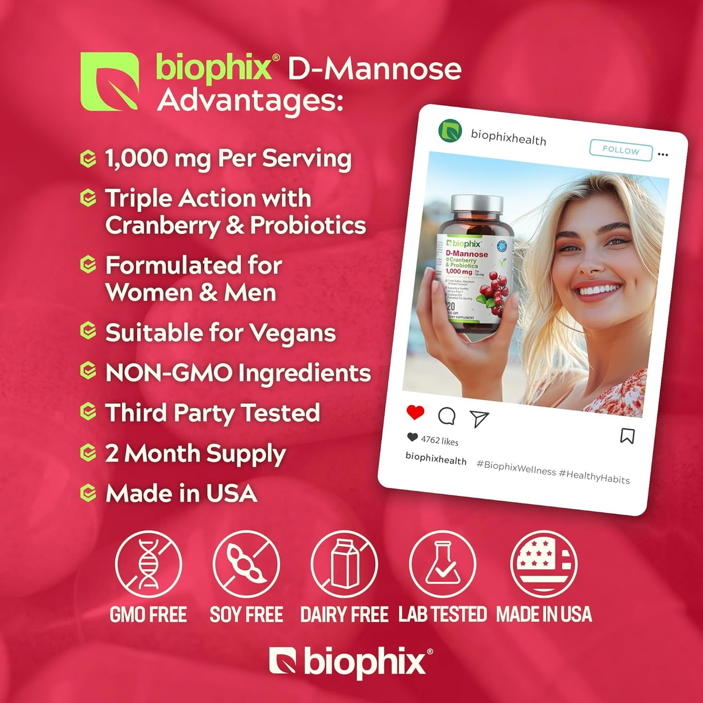 D-Mannose Capsules with Cranberry & Probiotics - 1000mg for Women's Urinary Health - 120 Vcaps for Digestive Wellness