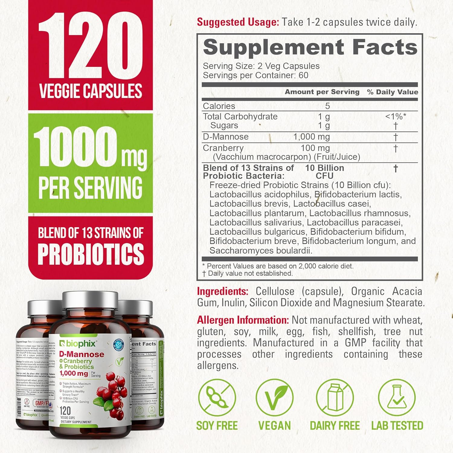 D-Mannose Capsules with Cranberry & Probiotics - 1000mg for Women's Urinary Health - 120 Vcaps for Digestive Wellness