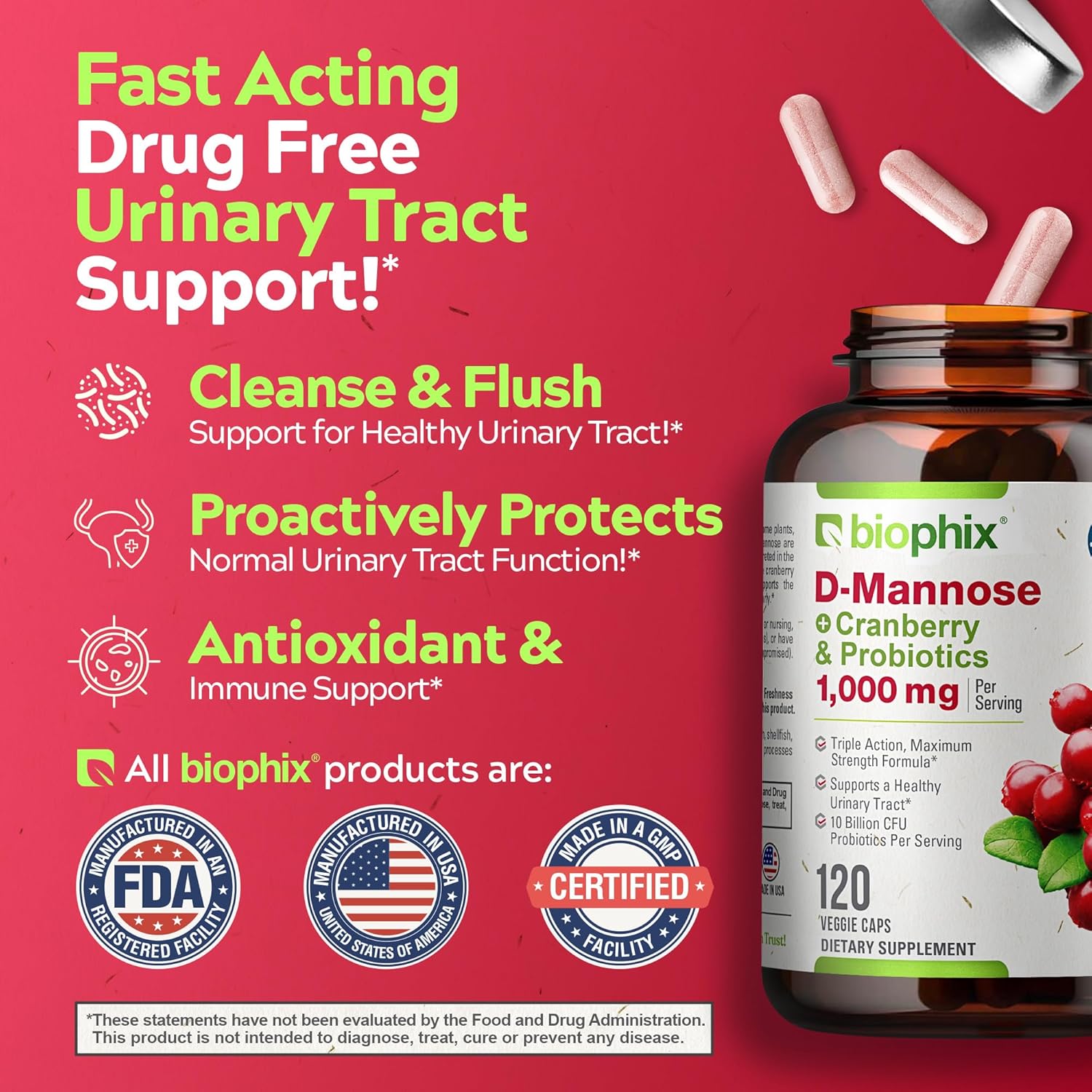D-Mannose Capsules with Cranberry & Probiotics - 1000mg for Women's Urinary Health - 120 Vcaps for Digestive Wellness