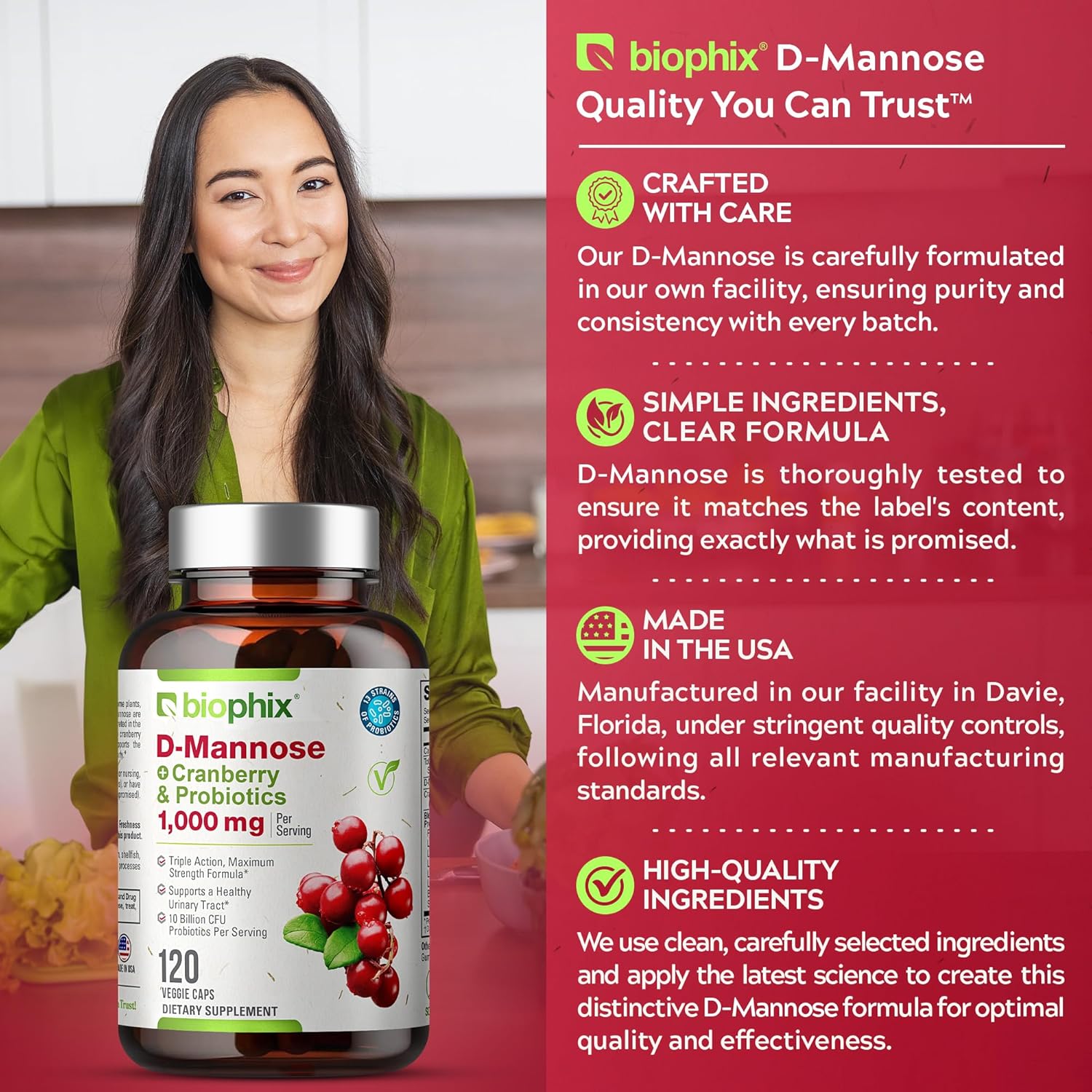D-Mannose Capsules with Cranberry & Probiotics - 1000mg for Women's Urinary Health - 120 Vcaps for Digestive Wellness