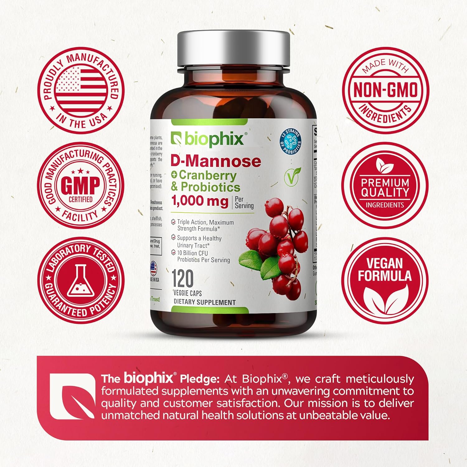 D-Mannose Capsules with Cranberry & Probiotics - 1000mg for Women's Urinary Health - 120 Vcaps for Digestive Wellness