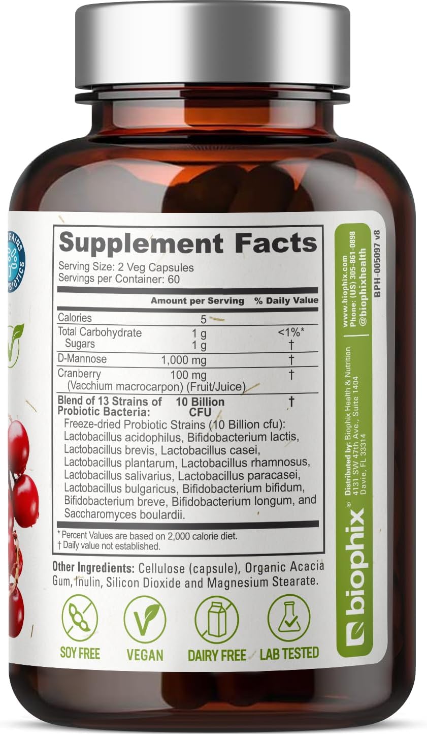 D-Mannose Capsules with Cranberry & Probiotics - 1000mg for Women's Urinary Health - 120 Vcaps for Digestive Wellness