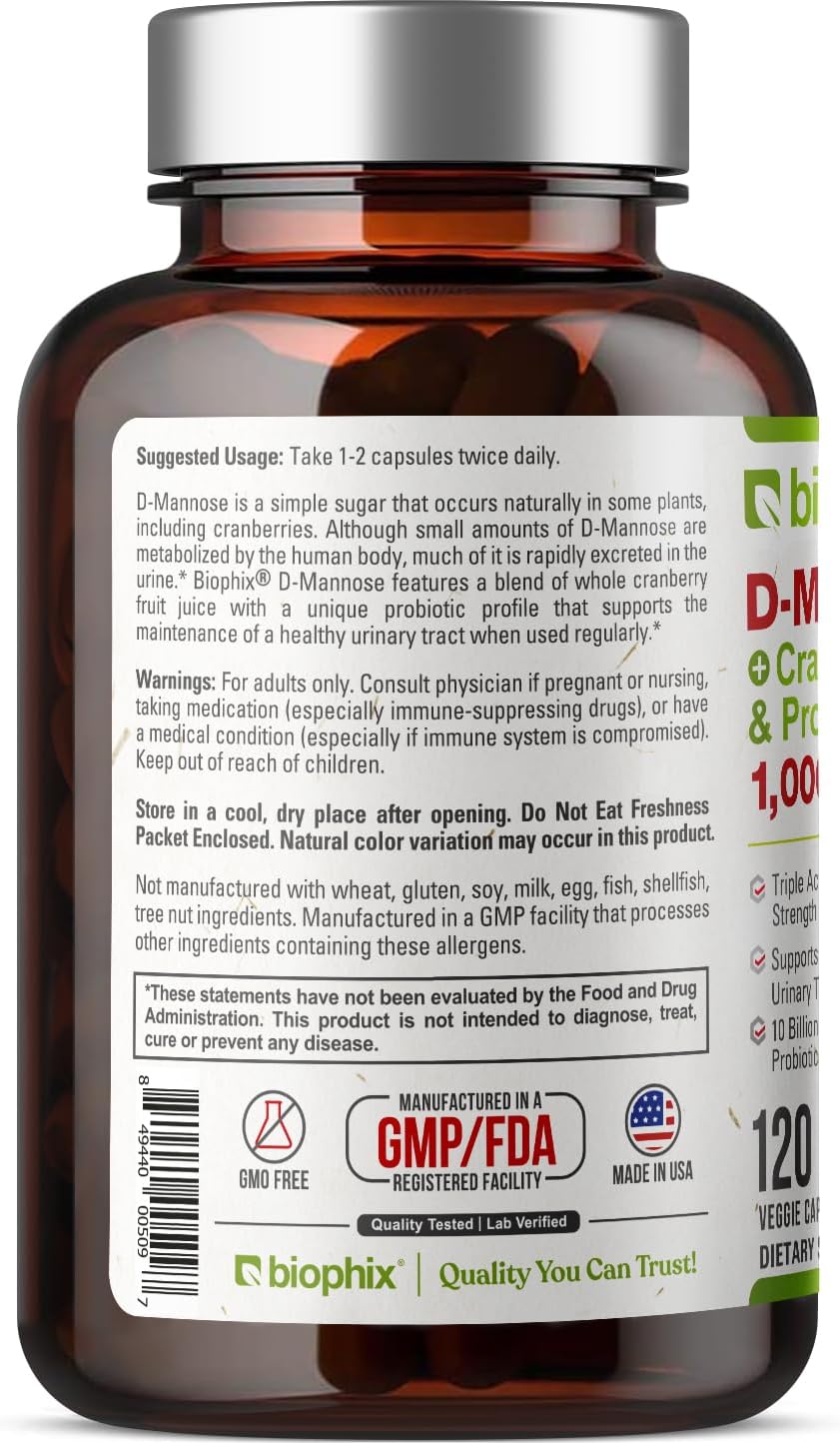 D-Mannose Capsules with Cranberry & Probiotics - 1000mg for Women's Urinary Health - 120 Vcaps for Digestive Wellness