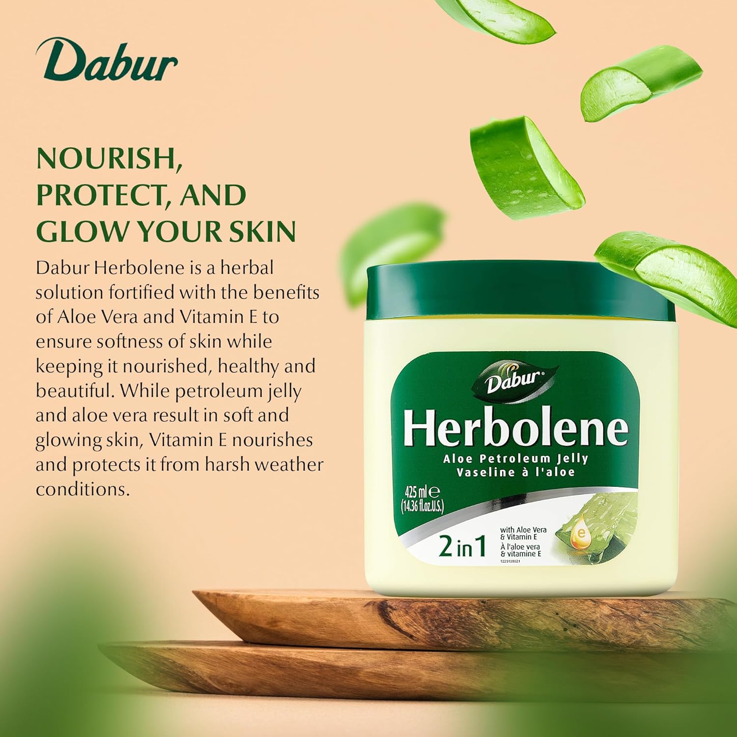 Dabur Herbolene Aloe Vera Gel Petroleum Jelly with Vitamin E - Deep Moisturization for Sensitive Skin - Nourishing Hydration - 425 ML (2 Pack)