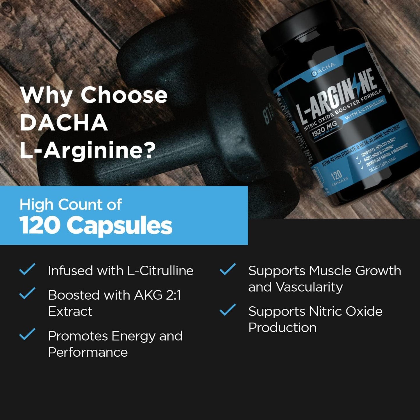 DACHA Premium L Arginine Supplement 1920 MG - 120 Capsules for Energy, Muscle Growth, Heart Health & Stamina - AAKG Nitric Oxide Precursor with Essential Amino Acids