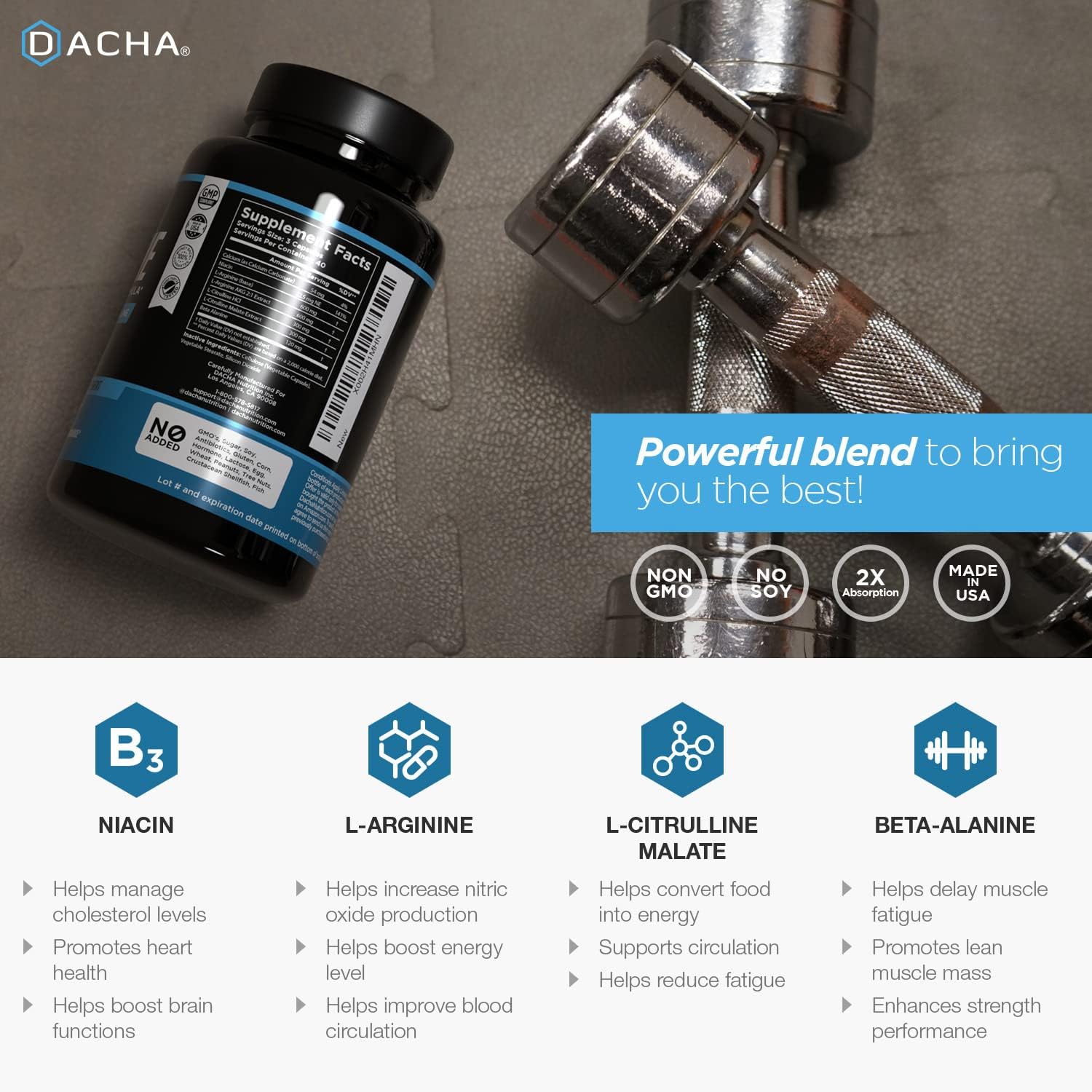 DACHA Premium L Arginine Supplement 1920 MG - 120 Capsules for Energy, Muscle Growth, Heart Health & Stamina - AAKG Nitric Oxide Precursor with Essential Amino Acids