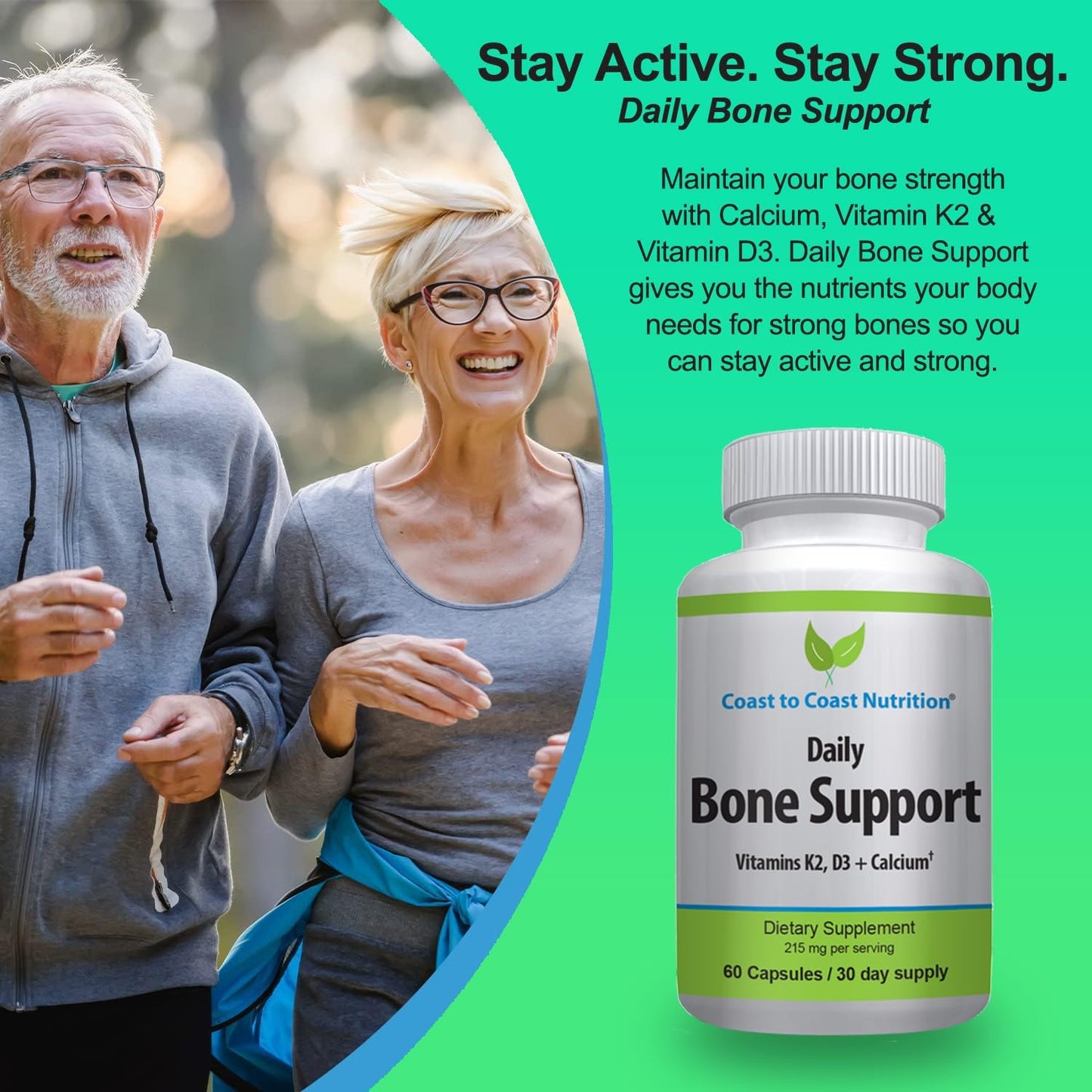 Daily Bone Support: Calcium Supplement with Vitamin D3 & K2 - Ideal for Older Adults, Postmenopausal Women, Athletes - 60 Vegetarian Capsules by Coast to Coast Nutrition