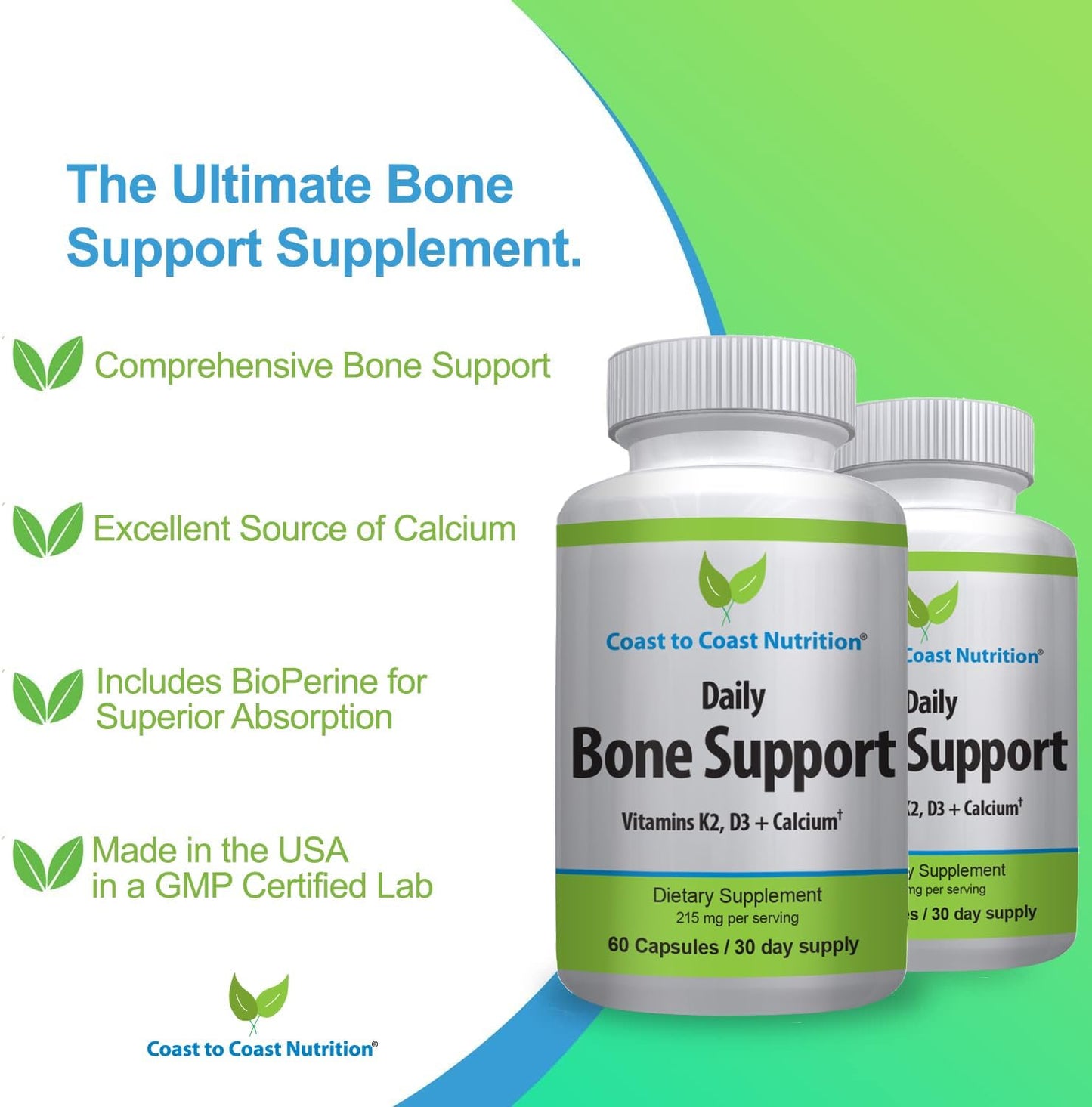Daily Bone Support: Calcium Supplement with Vitamin D3 & K2 - Ideal for Older Adults, Postmenopausal Women, Athletes - 60 Vegetarian Capsules by Coast to Coast Nutrition