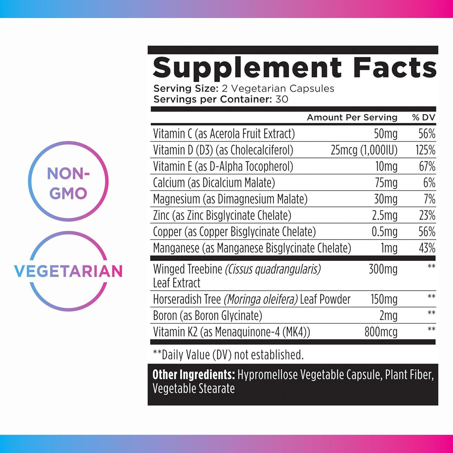 Daily Calcium Supplement for Bone Health, Vegetarian Capsules with Magnesium, Zinc, Vitamin D3 & K2 - Support Bone Density, Strength & Growth in Women & Men - Non-GMO (60 Capsules)