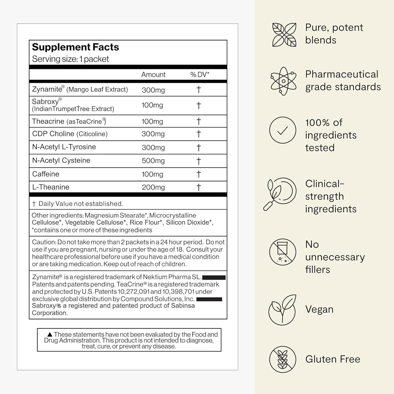 Daily Energy & Focus Supplements with Choline, L Tyrosine, Teacrine - Nootropic Brain Support (24 Servings)