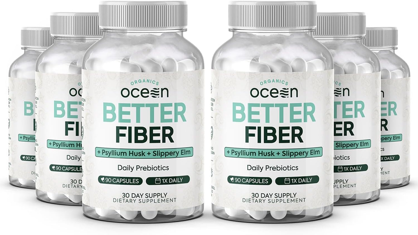 Daily Fiber Supplement with Psyllium and Slippery Elm - Soften Stool for Effortless Bowel Movements - 6 Bottles of Organics Ocean Better Fiber