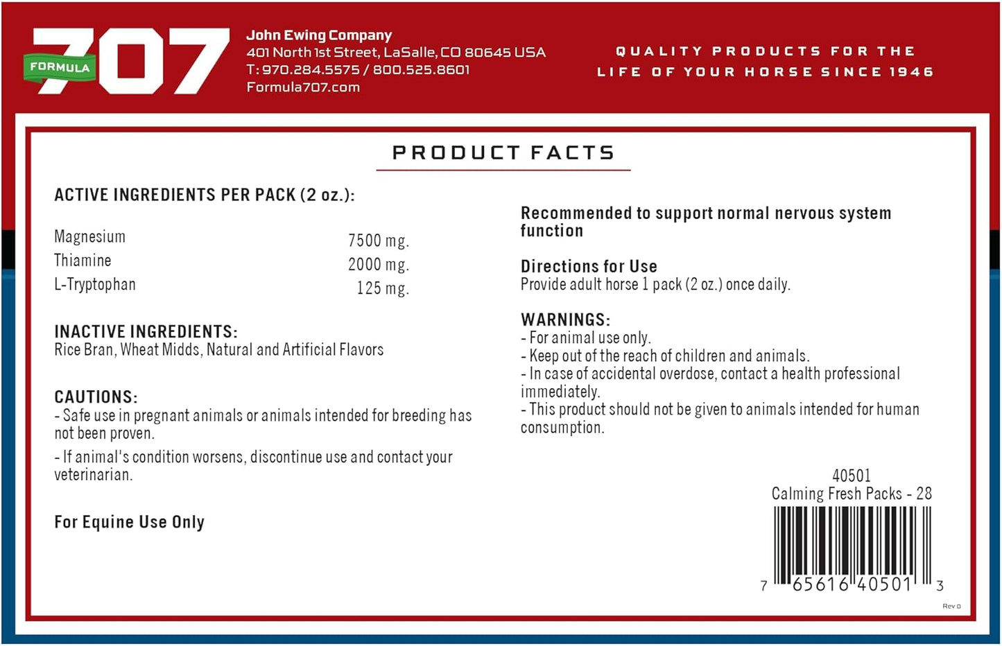 Daily Fresh Packs Formula 707 Calming Equine Supplement - Anxiety Relief & Focus for Horses with L-Tryptophan, Thiamine, & Magnesium