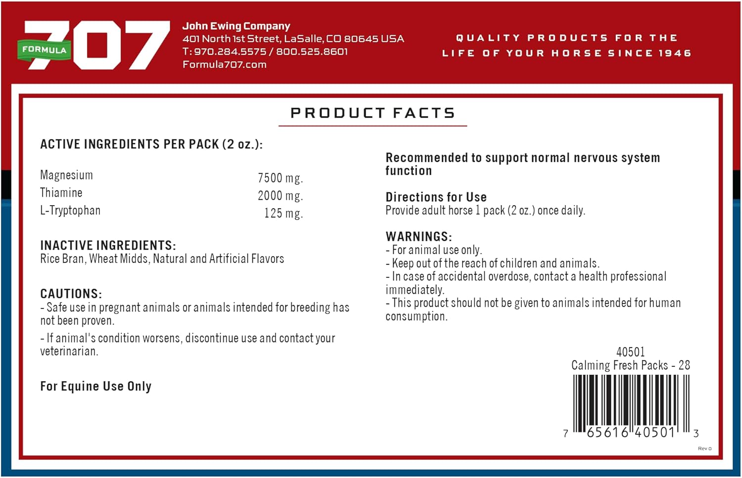 Daily Fresh Packs Formula 707 Calming Equine Supplement - Anxiety Relief & Focus for Horses with L-Tryptophan, Thiamine, & Magnesium
