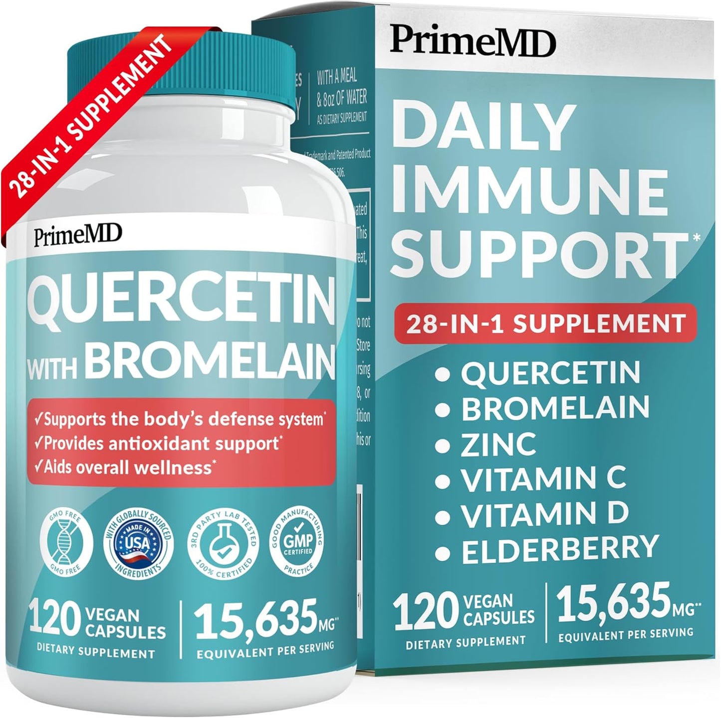 Daily Immune Defense Support: PrimeMD 28-in-1 Quercetin & Bromelain Supplement with Vitamin C, Zinc, D, and Elderberry - 120ct