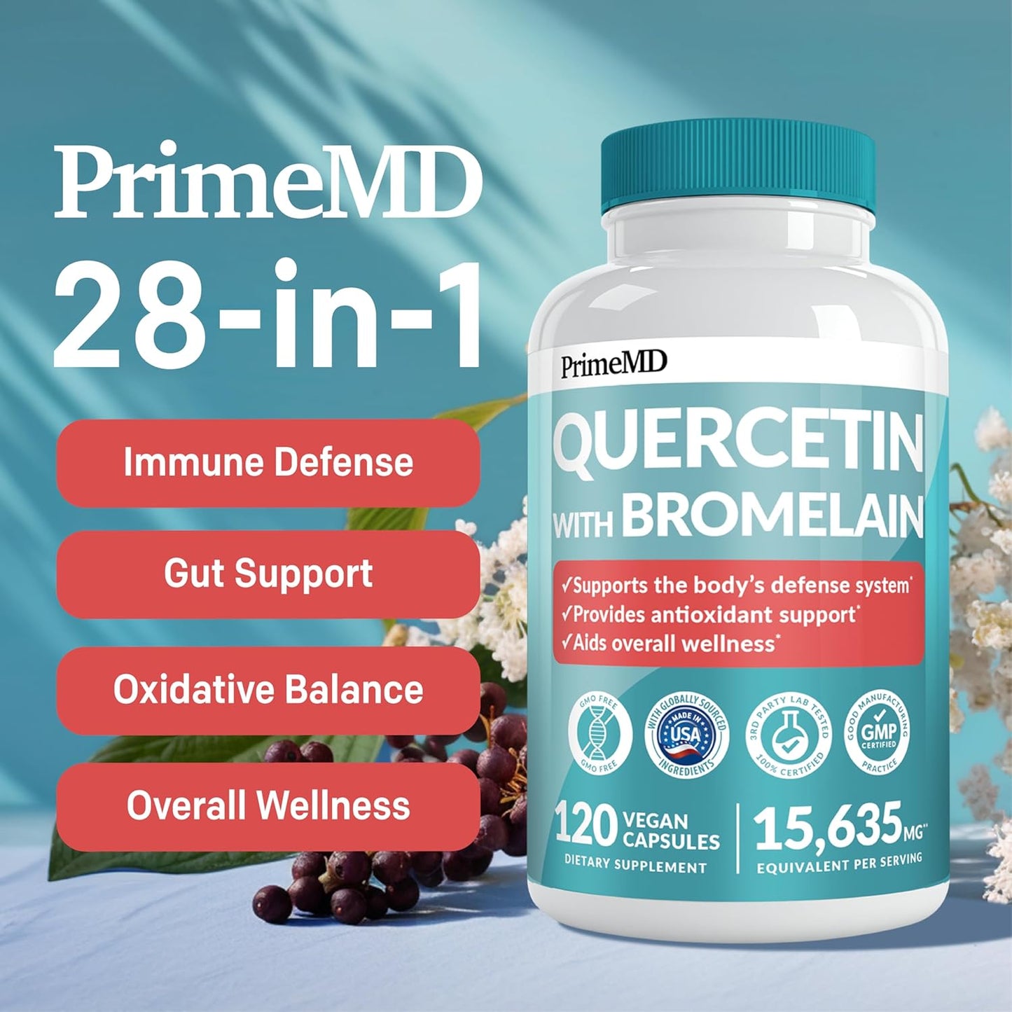 Daily Immune Defense Support: PrimeMD 28-in-1 Quercetin & Bromelain Supplement with Vitamin C, Zinc, D, and Elderberry - 120ct