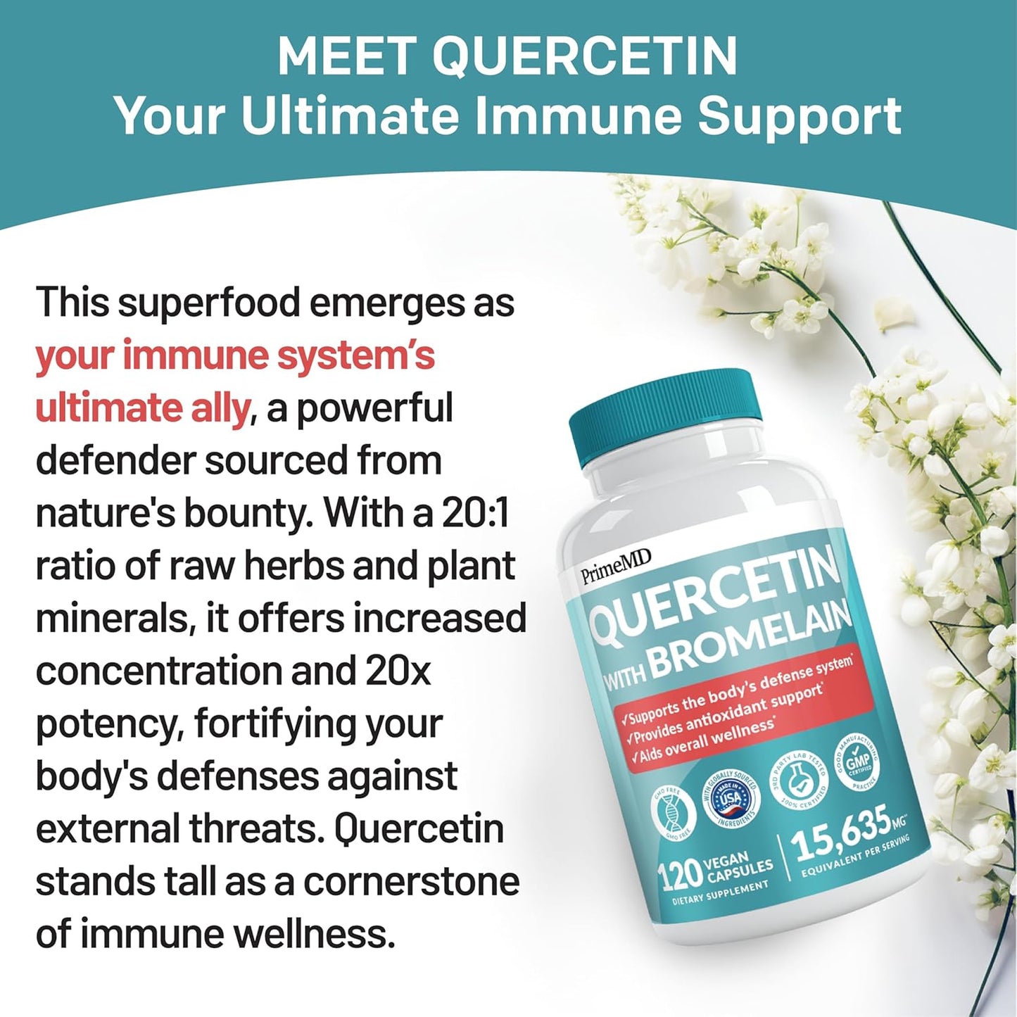 Daily Immune Defense Support: PrimeMD 28-in-1 Quercetin & Bromelain Supplement with Vitamin C, Zinc, D, and Elderberry - 120ct
