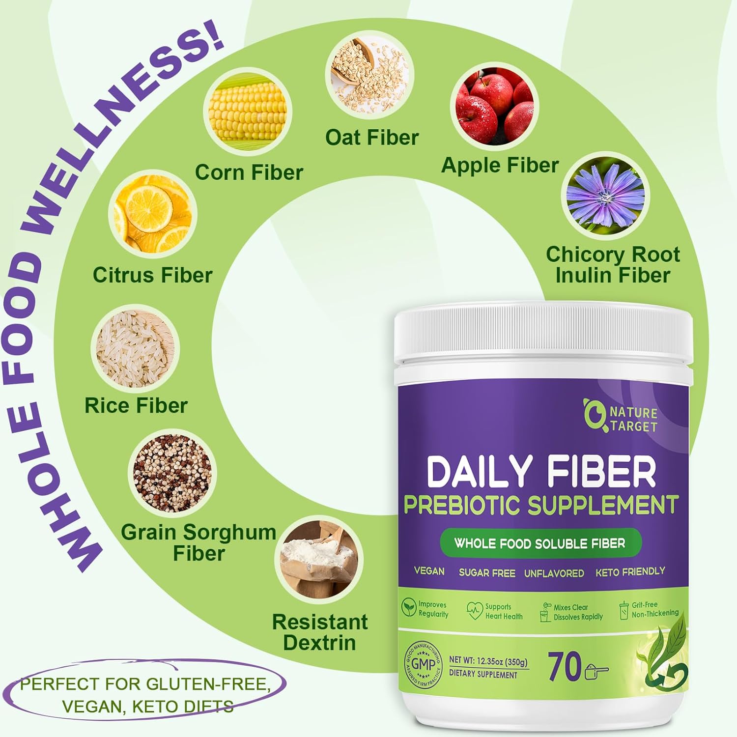 Daily Nature Target Soluble Prebiotic Fiber Powder - High Fiber Gut Health Supplement for Digestive Regularity, Gluten & Sugar Free, Keto Friendly - 70 Servings