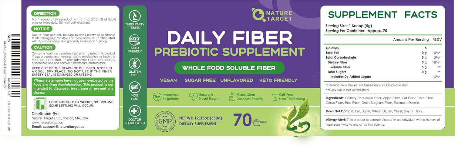 Daily Nature Target Soluble Prebiotic Fiber Powder - High Fiber Gut Health Supplement for Digestive Regularity, Gluten & Sugar Free, Keto Friendly - 70 Servings
