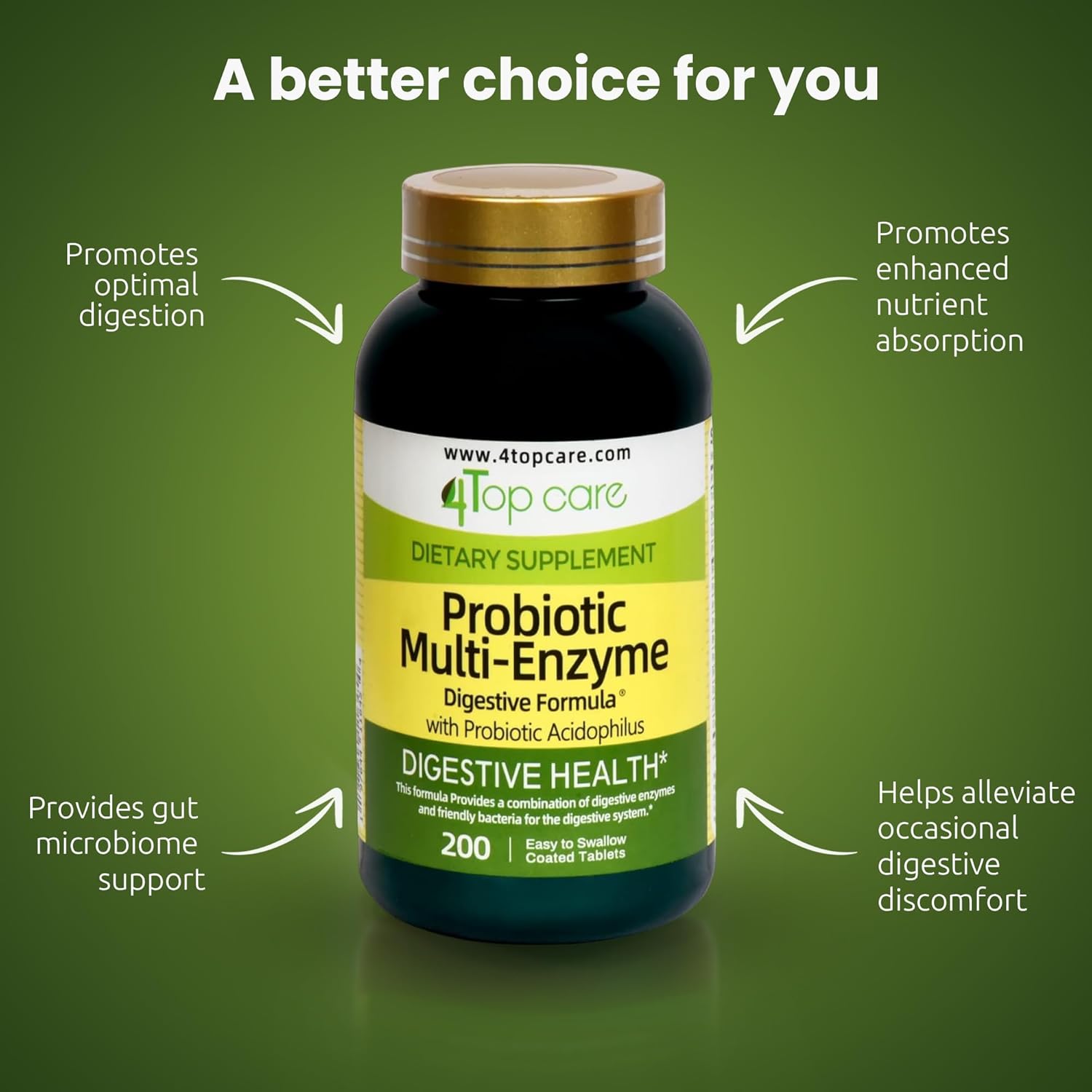 Daily Probiotic Multi-Enzyme Supplement with Acidophilus for Digestive Health - 200 Tablets for Men & Women - Support Weight Management & Gut Health