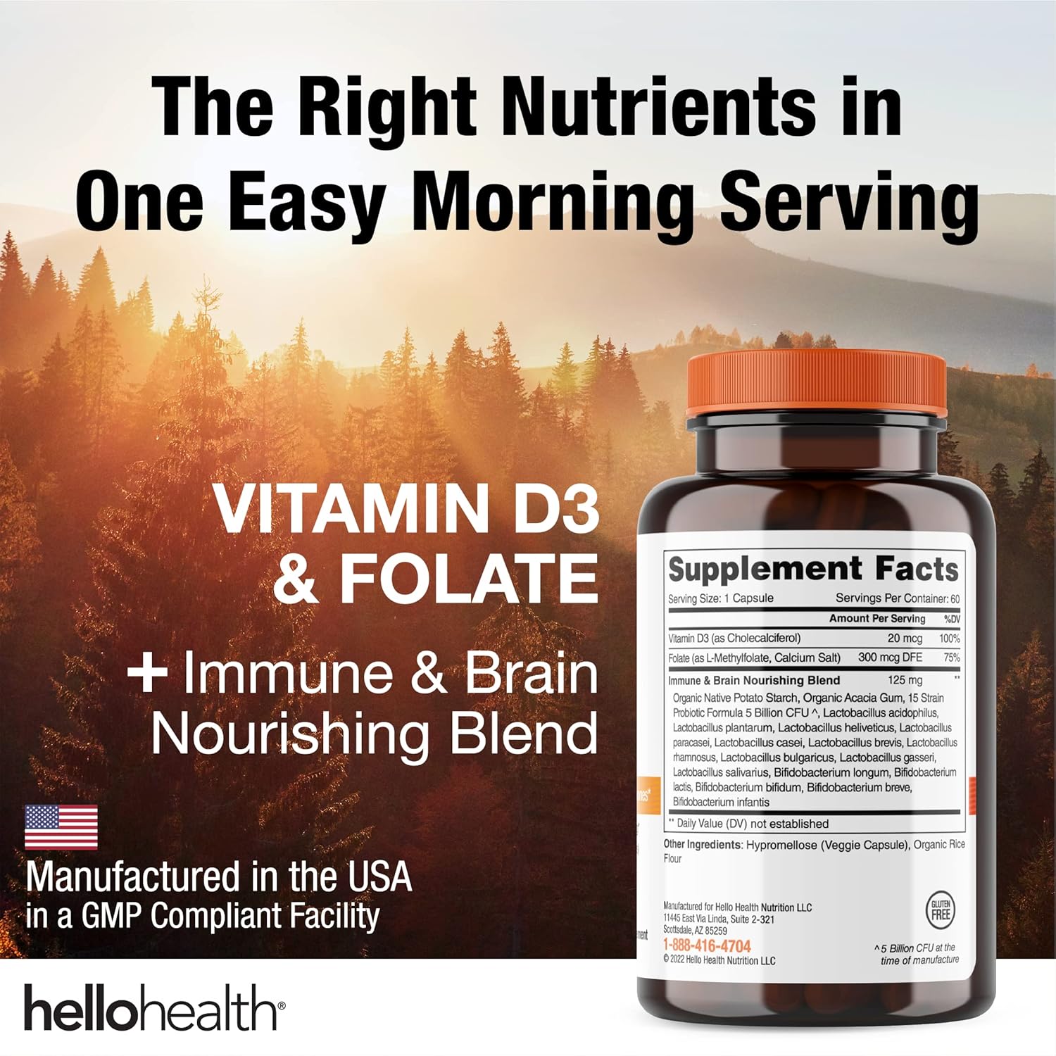 Daily Probiotic with Prebiotics for Gut Health & Immune Support - 15 Strain, Vitamin D3, Folate B Vitamins - Gluten Free - 60 Count