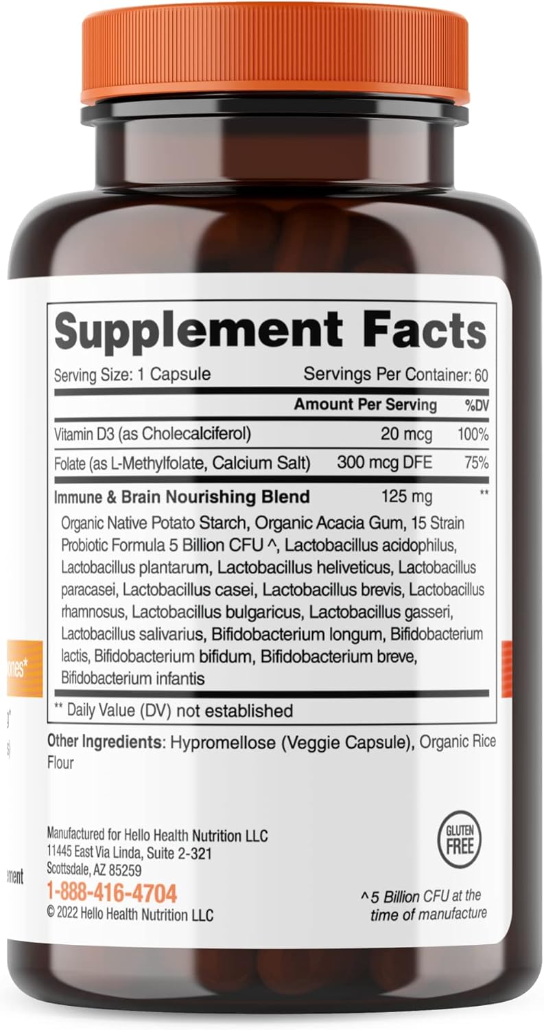 Daily Probiotic with Prebiotics for Gut Health & Immune Support - 15 Strain, Vitamin D3, Folate B Vitamins - Gluten Free - 60 Count