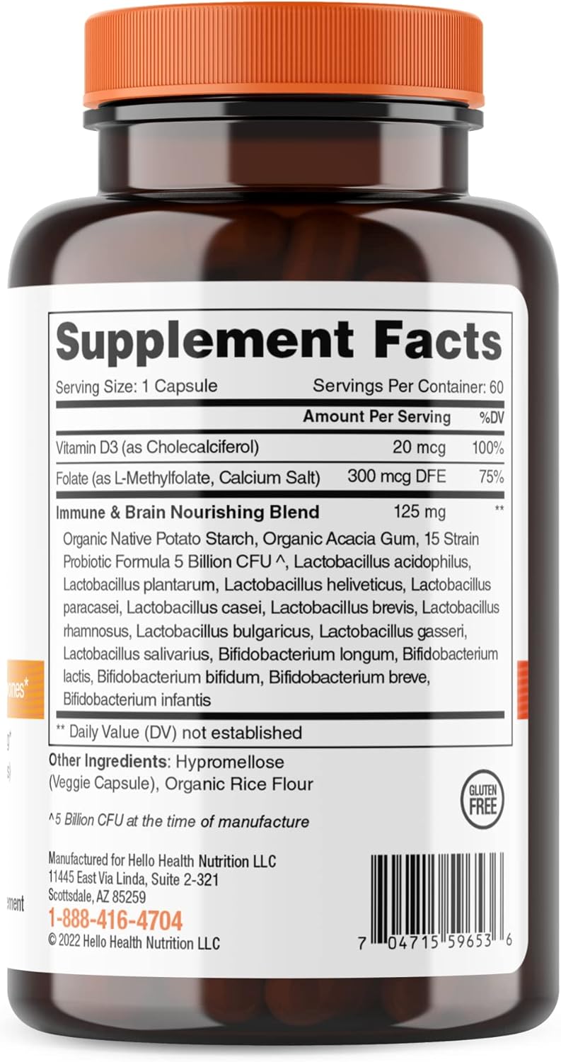 Daily Probiotic with Prebiotics for Gut Health & Immune Support - 15 Strain, Vitamin D3, Folate B Vitamins - Gluten Free - 60 Count
