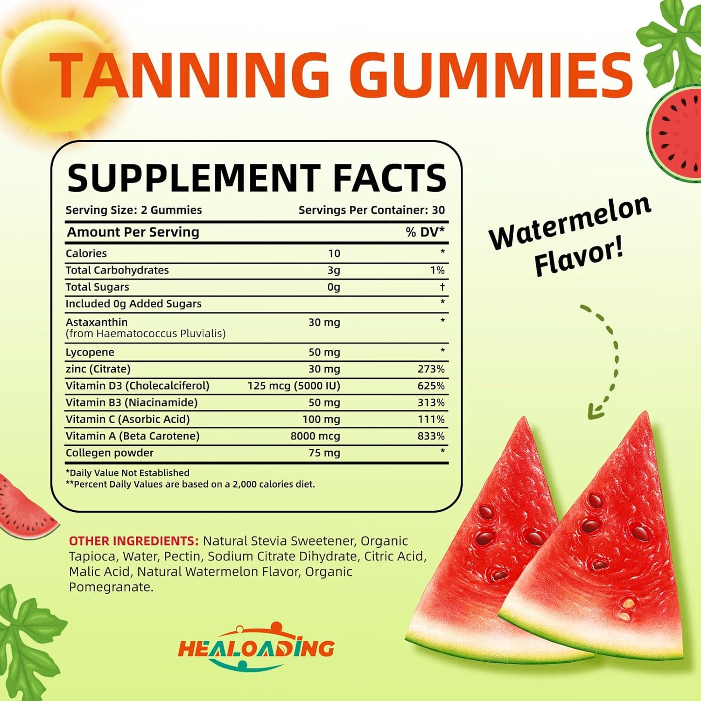 Daily Tanning Gummies with Astaxanthin, Collagen, Lycopene, Zinc & Vitamins - Skin Health & Glow Supplement for Adults