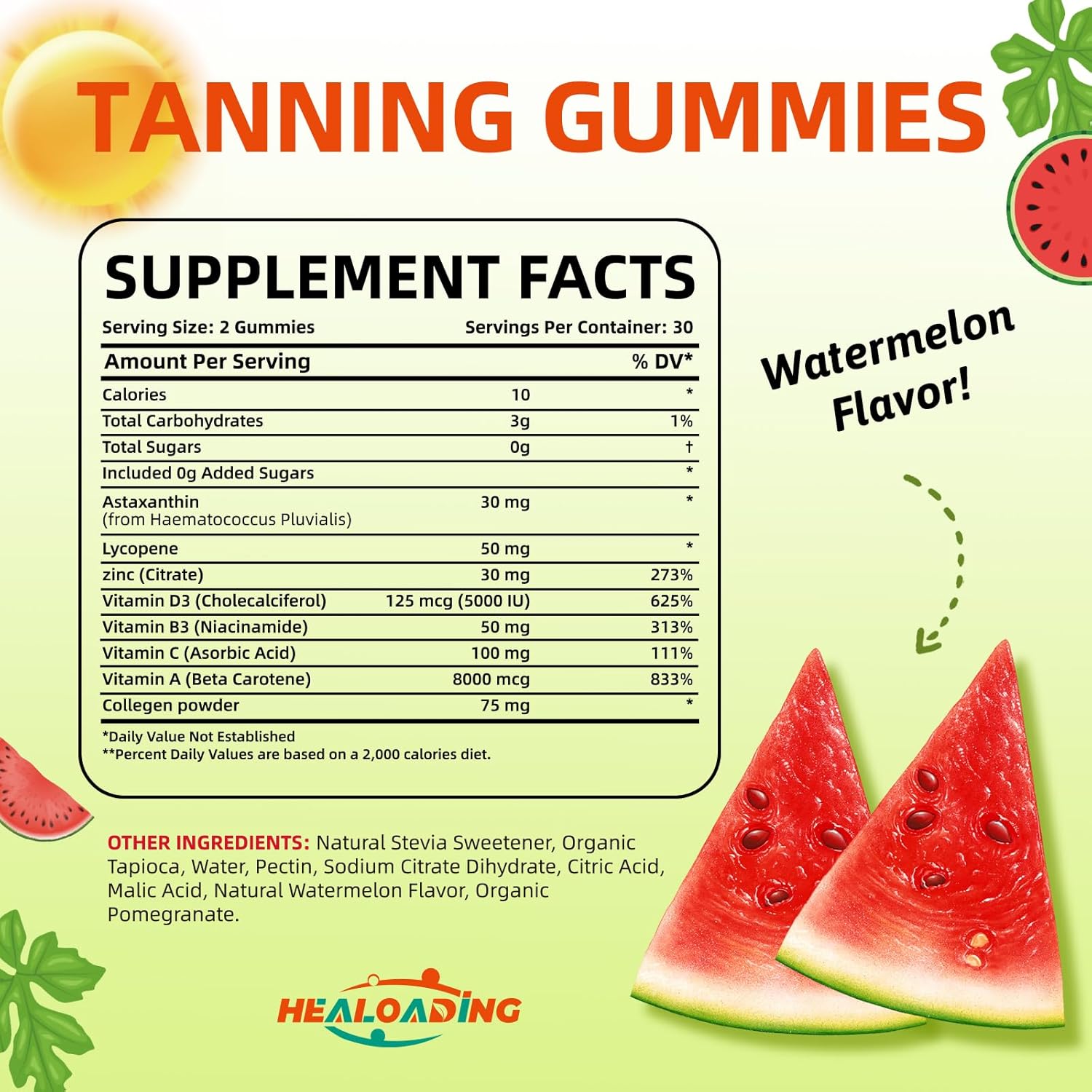 Daily Tanning Gummies with Astaxanthin, Collagen, Lycopene, Zinc & Vitamins - Skin Health & Glow Supplement for Adults