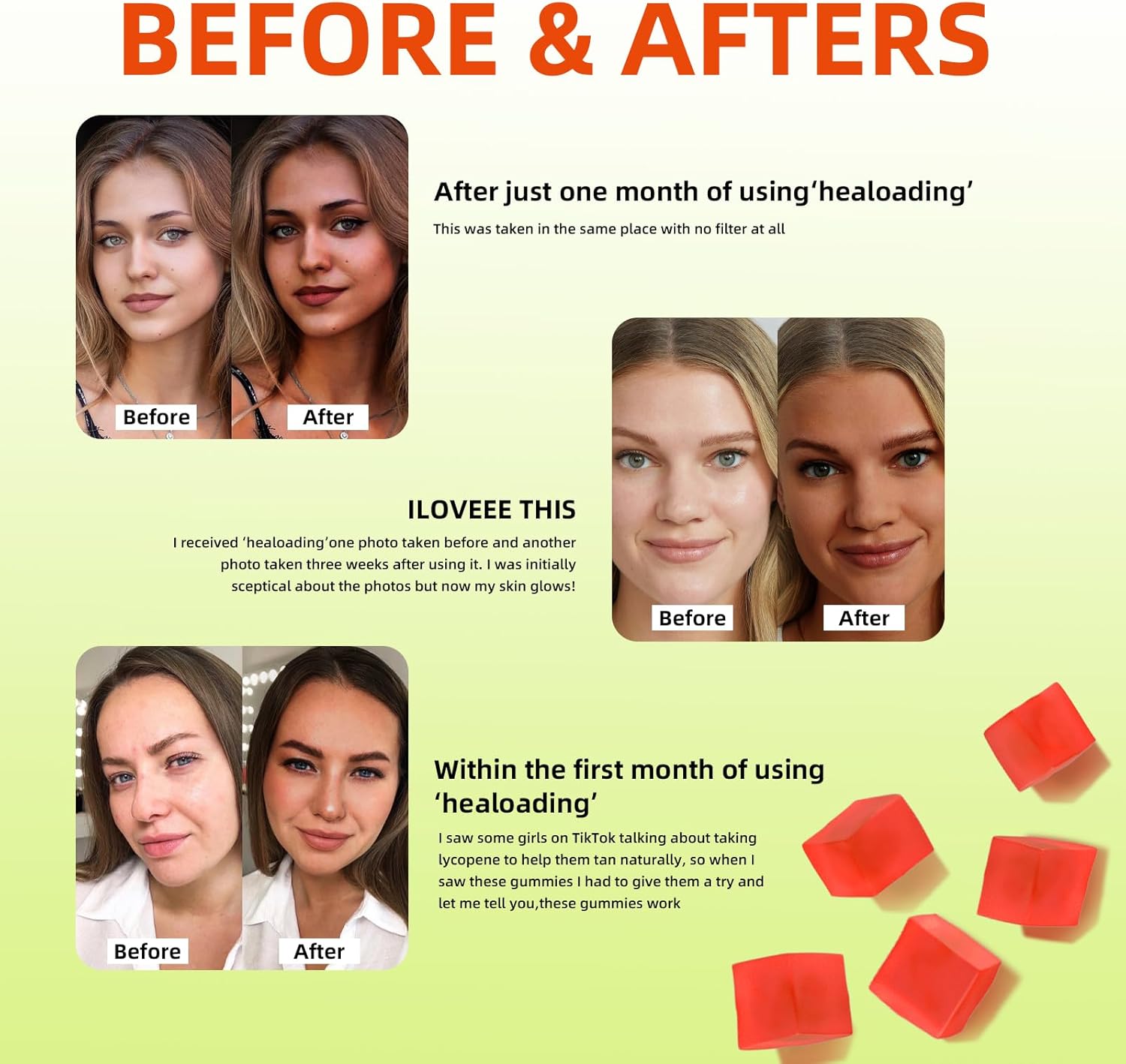 Daily Tanning Gummies with Astaxanthin, Collagen, Lycopene, Zinc & Vitamins - Skin Health & Glow Supplement for Adults