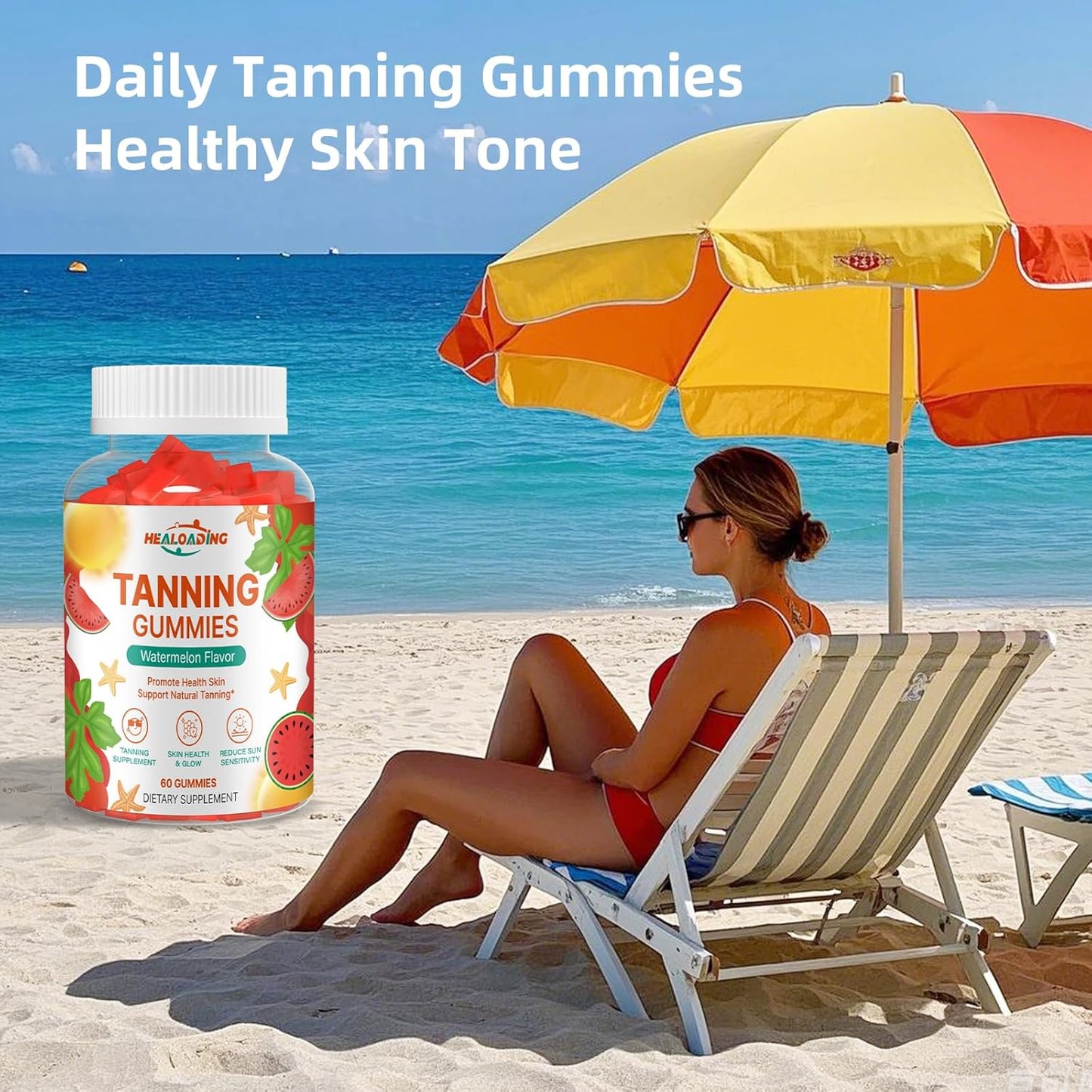 Daily Tanning Gummies with Astaxanthin, Collagen, Lycopene, Zinc & Vitamins - Skin Health & Glow Supplement for Adults