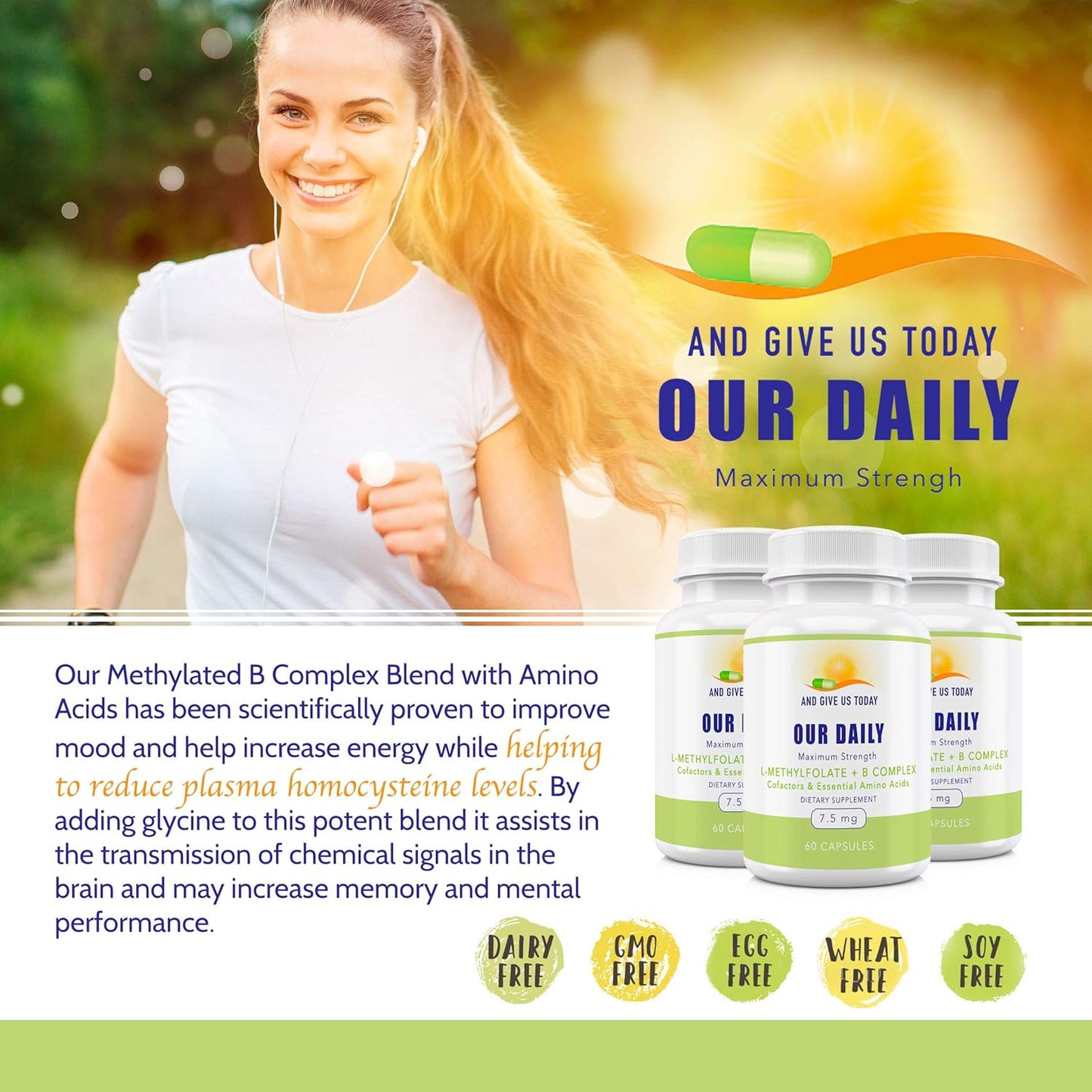 Daily Vites L-Methylfolate B Complex with Amino Acids - Active Folate, Methylated B12, B6 - 60 Count