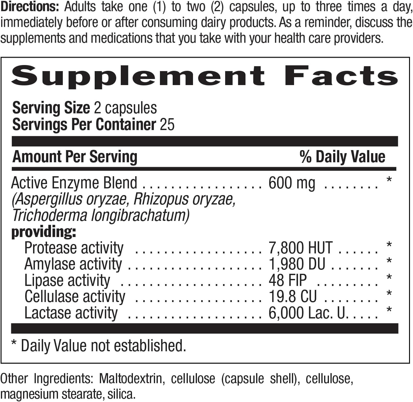 Dairy-Zyme Digestive Enzymes - Lactase Supplement for Dairy Relief - 6000 Lactase Units - Gluten-Free Vegan Capsules