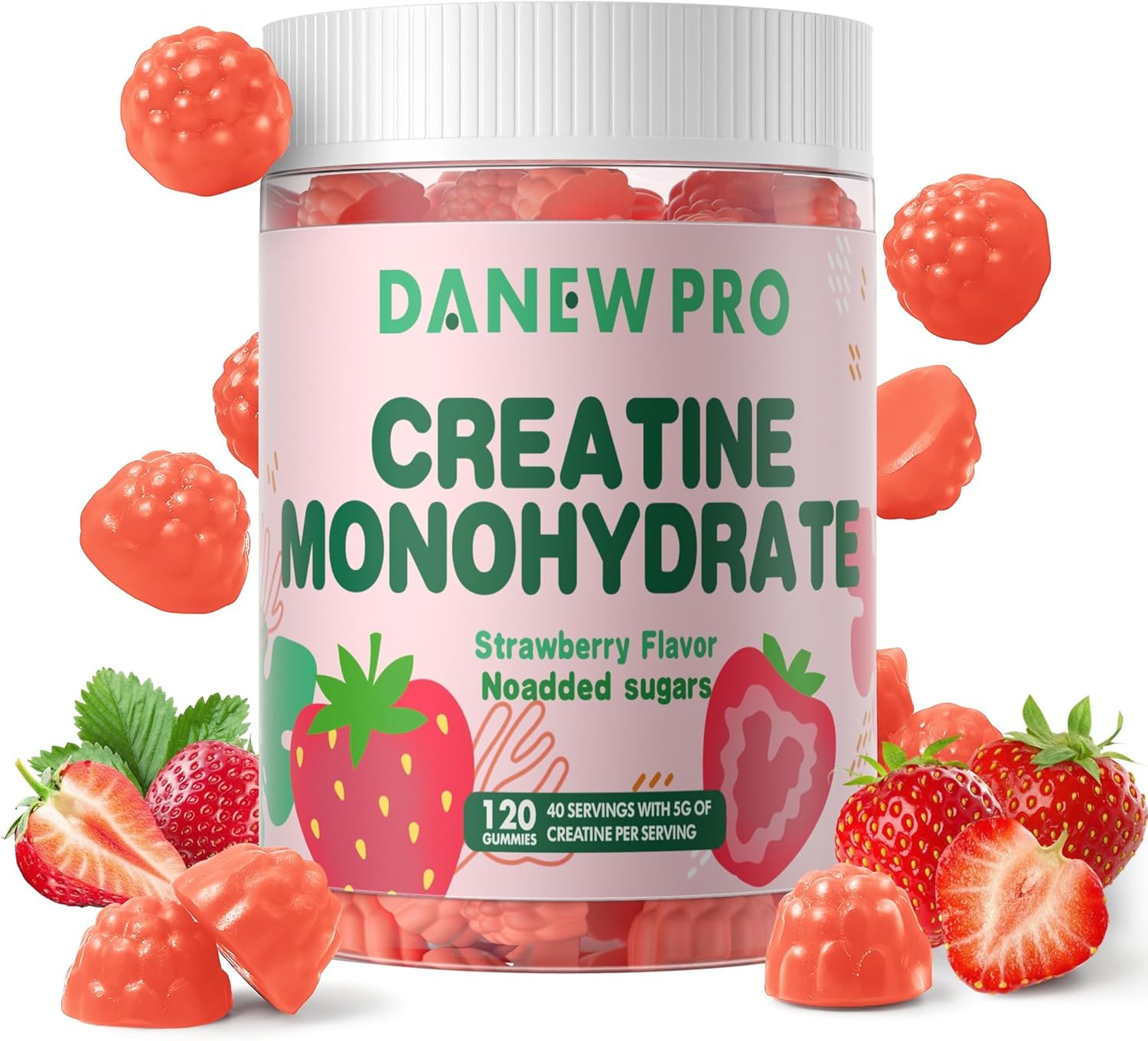 Danew Pro Creatine Monohydrate Gummies - 5000mg Muscle Strength & Energy Boost - Pre-Workout Supplement for Men & Women (120 Count, Strawberry)