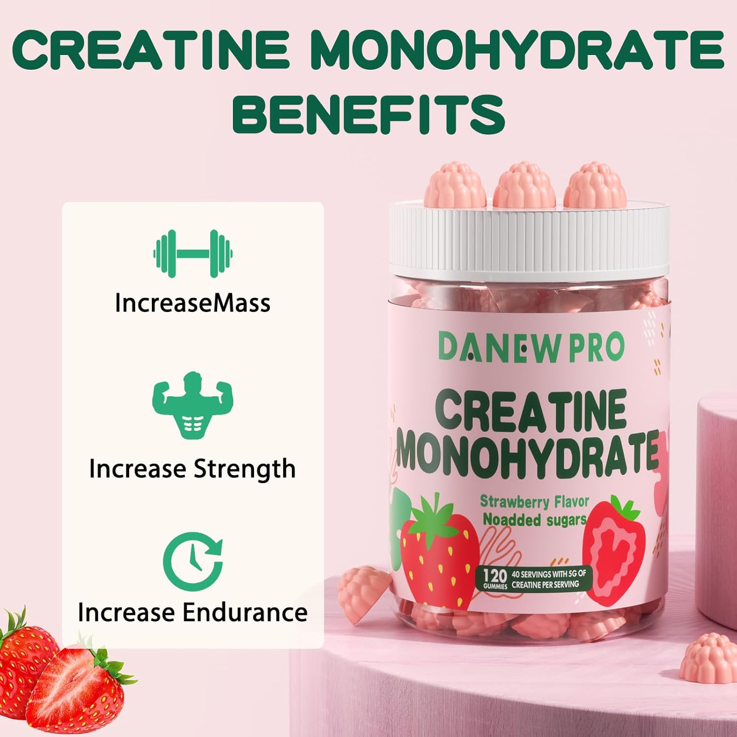 Danew Pro Creatine Monohydrate Gummies - 5000mg Muscle Strength & Energy Boost - Pre-Workout Supplement for Men & Women (120 Count, Strawberry)