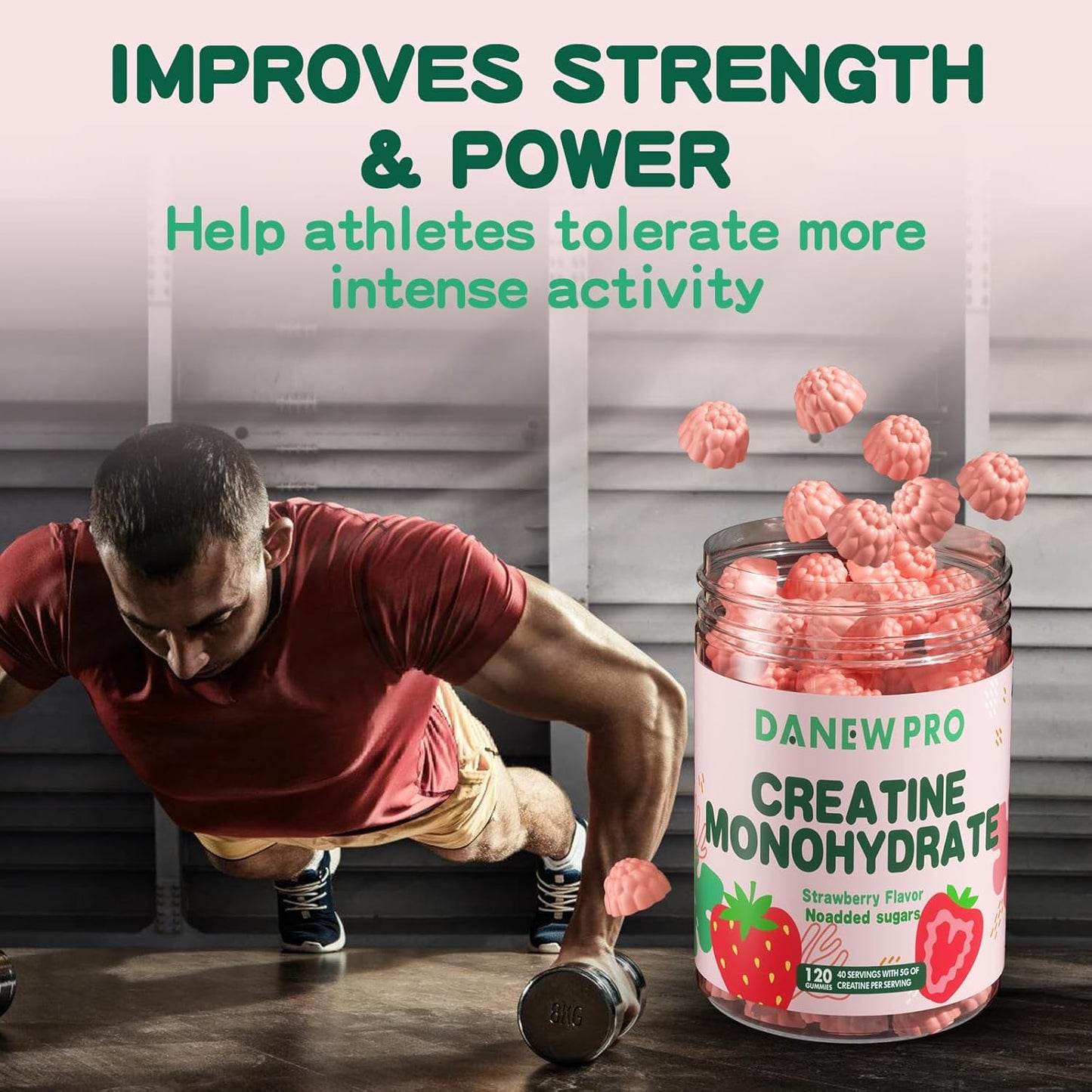 Danew Pro Creatine Monohydrate Gummies - 5000mg Muscle Strength & Energy Boost - Pre-Workout Supplement for Men & Women (120 Count, Strawberry)